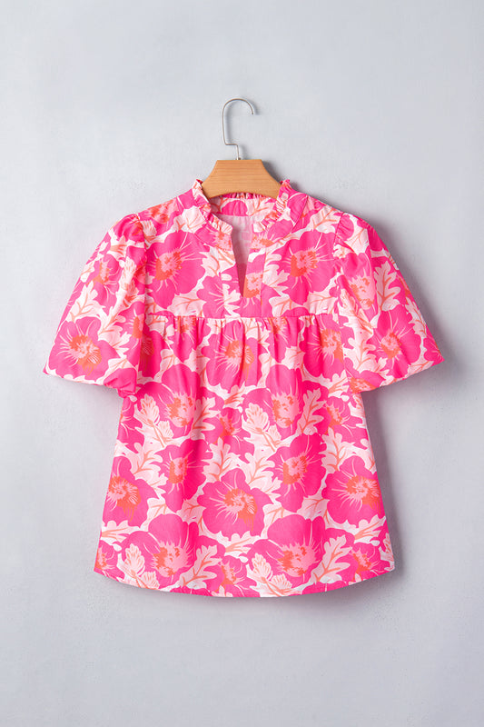 Pink Short Bubble Sleeve Summer Floral Blouse-Tops/Blouses & Shirts-[Adult]-[Female]-2022 Online Blue Zone Planet