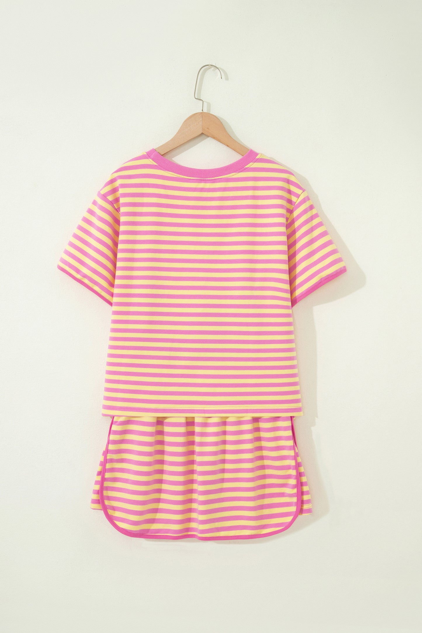 Pink Stripe Loose Short Sleeve Top and Skirt Set-Two Piece Sets/Two Piece Dresses-[Adult]-[Female]-2022 Online Blue Zone Planet