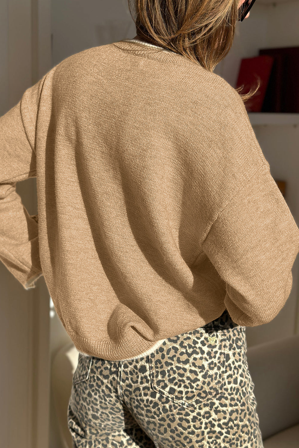 Tan Leopard Bow Decor Split Cuff Contrast Trim Sweater-Sweaters & Cardigans/Sweaters-[Adult]-[Female]-2022 Online Blue Zone Planet