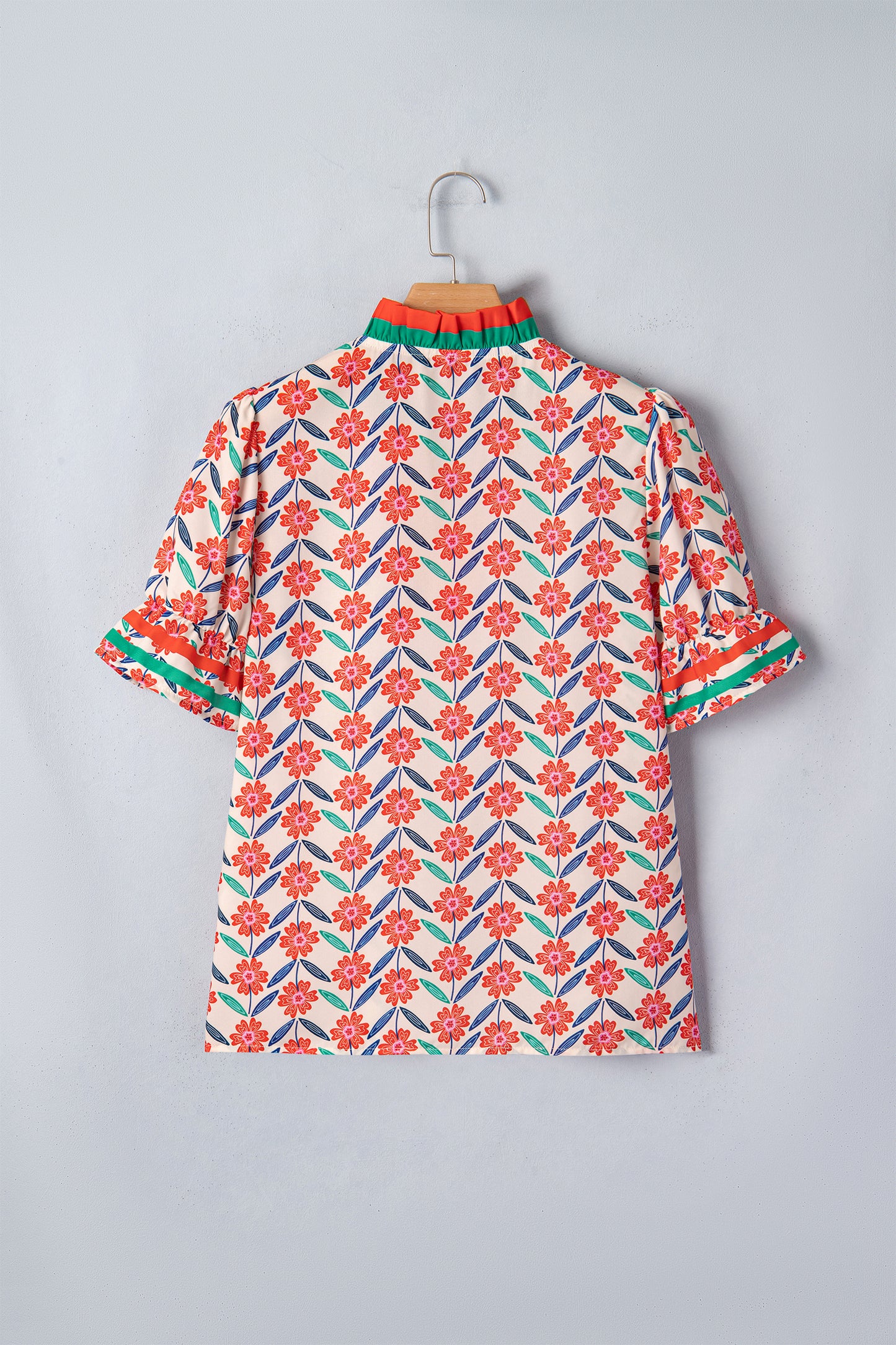 Red Floral Print Striped Detail V Neck Ruffled Short Sleeve Blouse-Tops/Blouses & Shirts-[Adult]-[Female]-2022 Online Blue Zone Planet