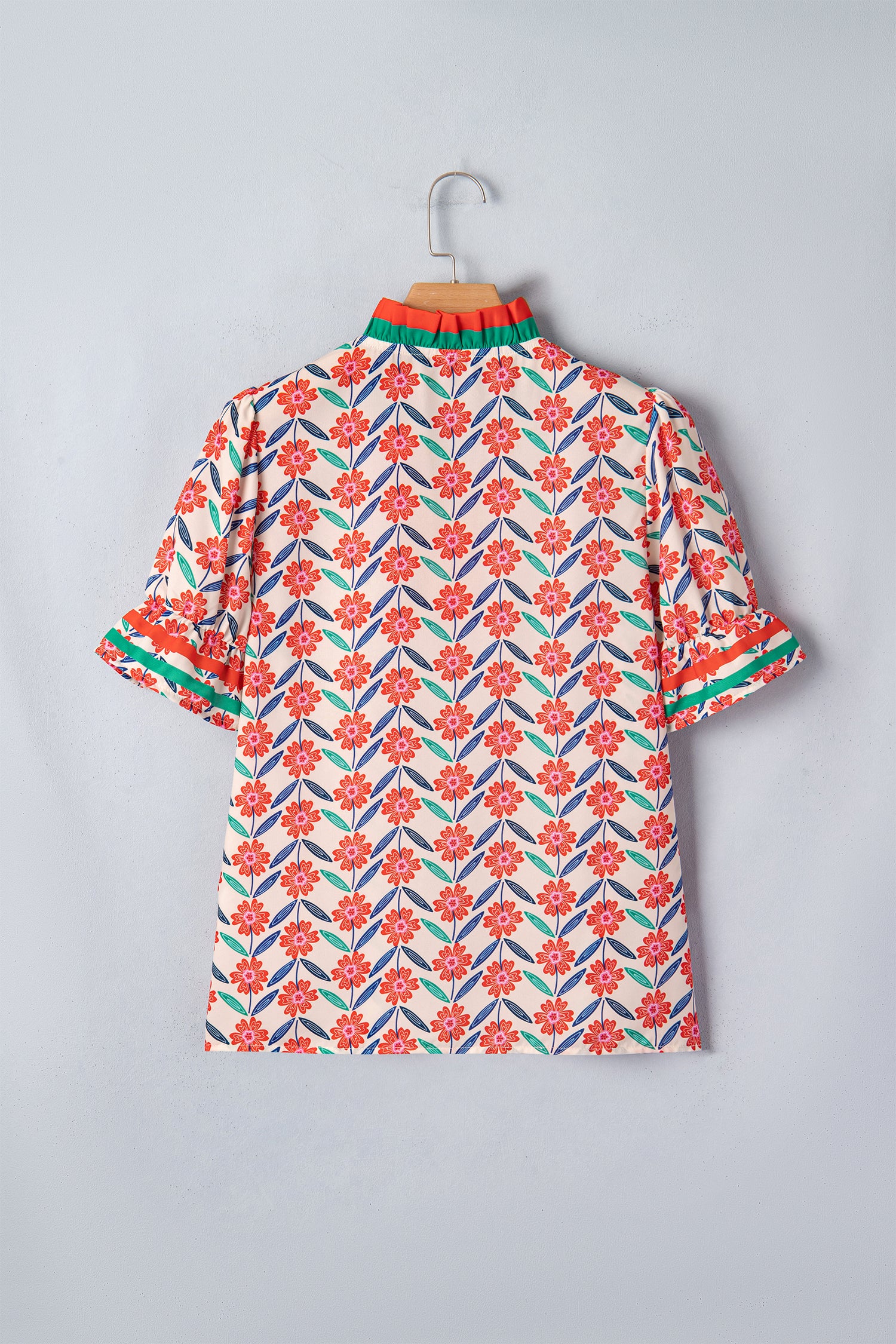 Red Floral Print Striped Detail V Neck Ruffled Short Sleeve Blouse-Tops/Blouses & Shirts-[Adult]-[Female]-2022 Online Blue Zone Planet