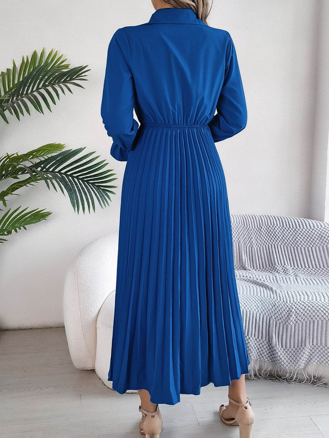 Blue Zone Planet | Pleated Half Button Long Sleeve Midi Dress-TOPS / DRESSES-[Adult]-[Female]-2022 Online Blue Zone Planet