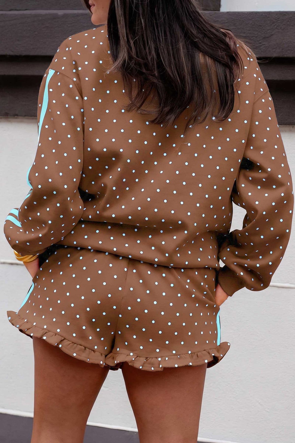 Brown Polka Dot Print Side Stripe Detail Casual Sweatshirt 2pcs Short Set-Two Piece Sets/Short Sets-[Adult]-[Female]-2022 Online Blue Zone Planet