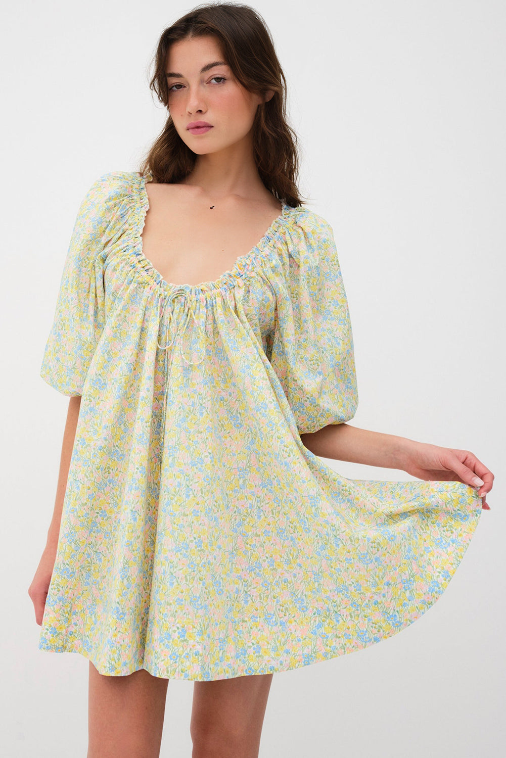 Green Floral Half Sleeve Frilled U Neck A-line Short Dress-TOPS / DRESSES-[Adult]-[Female]-2022 Online Blue Zone Planet