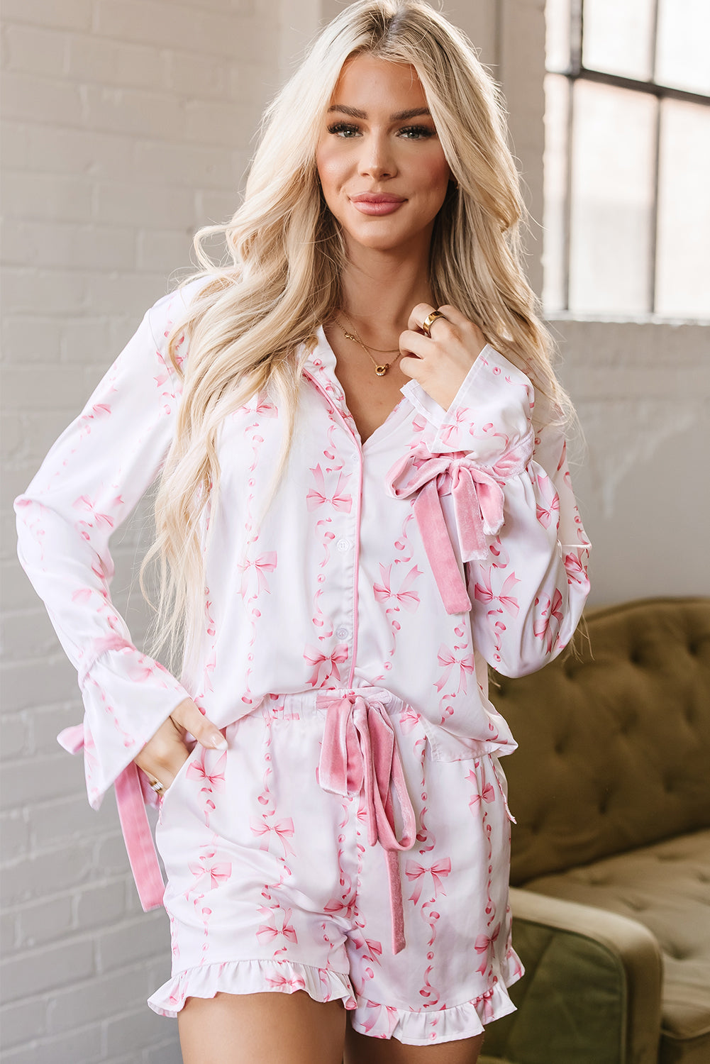 Blue Zone Planet | Pink Satin Bow Bell Sleeve Shirt and Ruffled Shorts Pajama Set-Loungewear & Sleepwear/Sleepwear-[Adult]-[Female]-2022 Online Blue Zone Planet