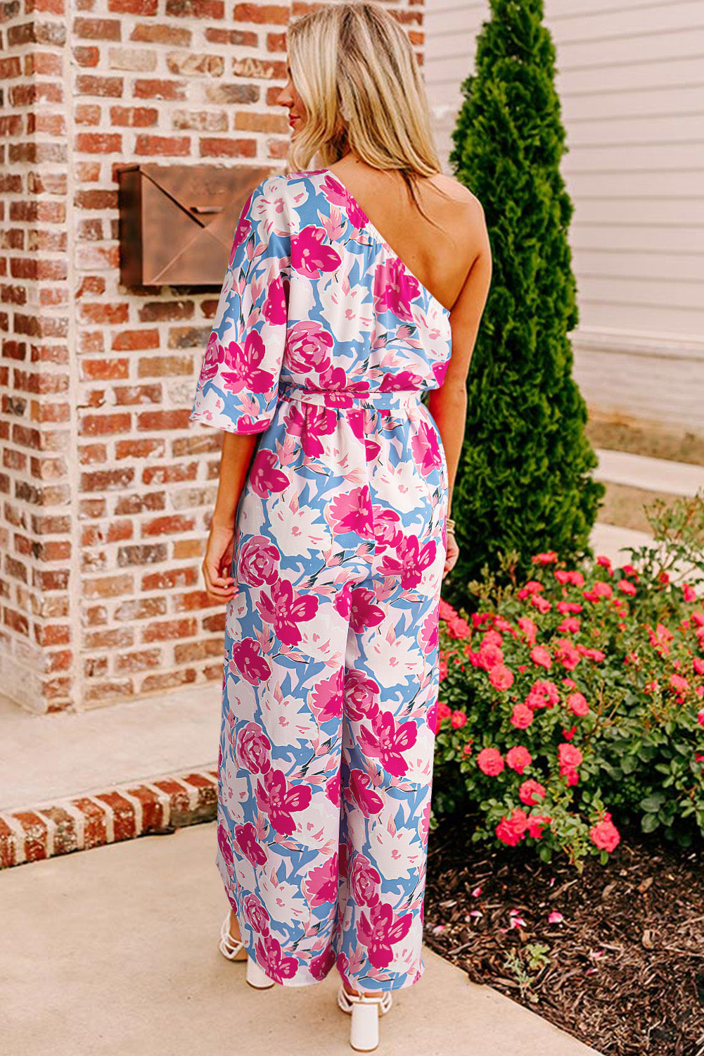 Pink Floral Print Asymmetrical Neckline Single Shoulder Drape Sleeve Belted Jumpsuit-Bottoms/Jumpsuits & Rompers-[Adult]-[Female]-2022 Online Blue Zone Planet