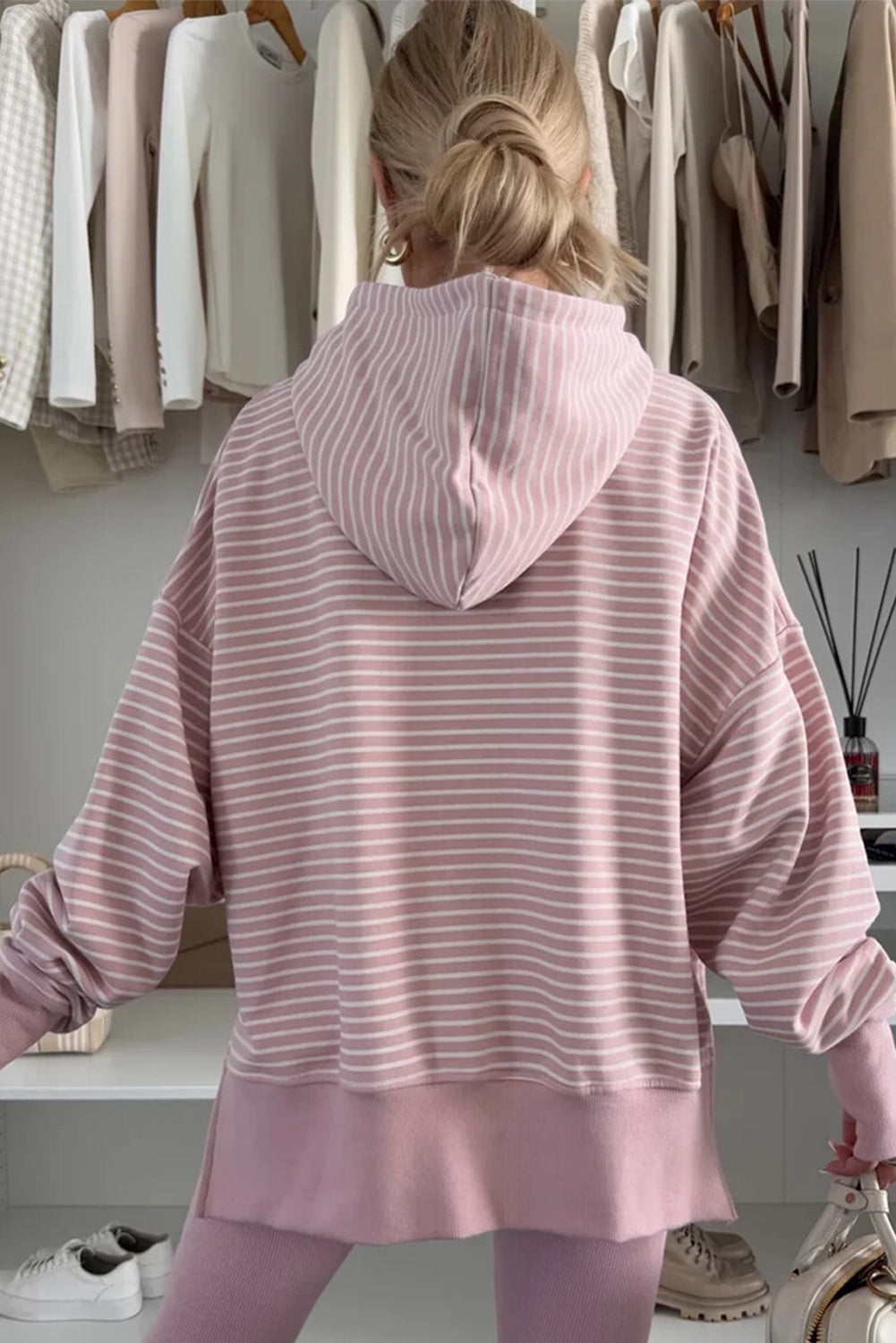 Purple Stripe Thumbhole Side Slits Drop Shoulder Loose Fit Hoodie-Tops/Sweatshirts & Hoodies-[Adult]-[Female]-2022 Online Blue Zone Planet