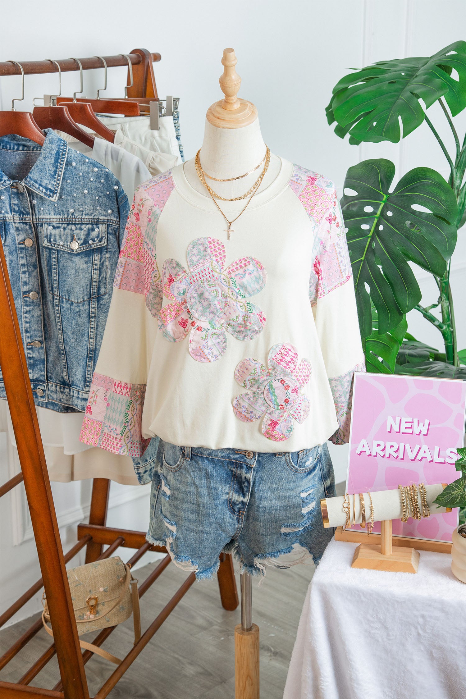 Beige Color Block Retro Floral Patchwork Long Sleeve Top-Tops/Long Sleeve Tops-[Adult]-[Female]-2022 Online Blue Zone Planet