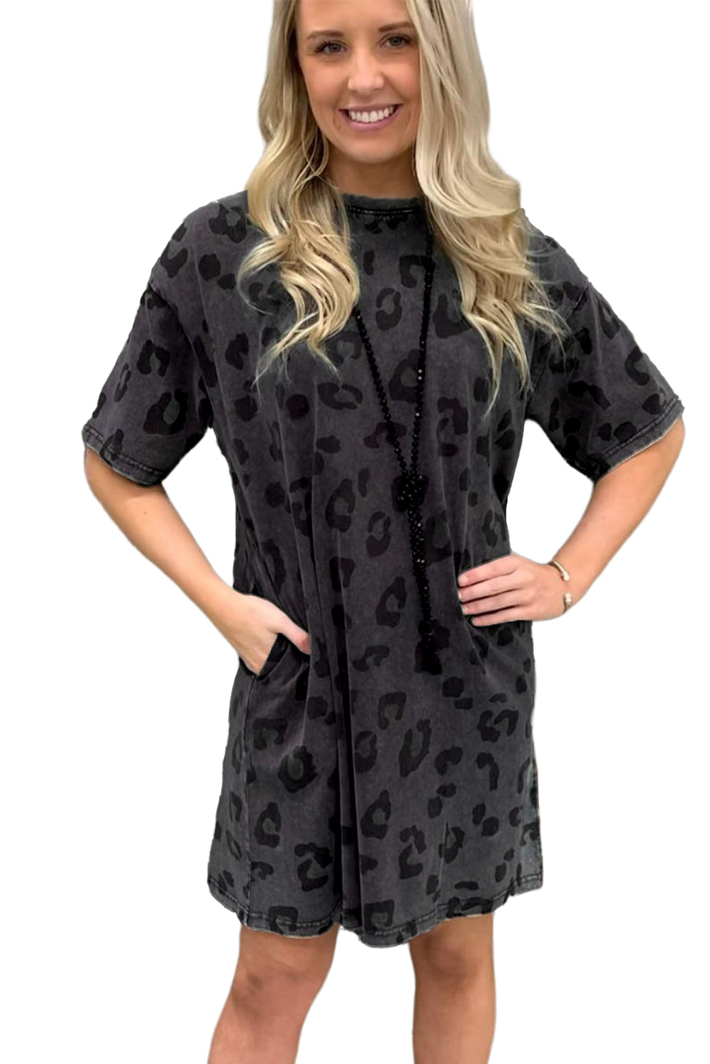 Blue Zone Planet | Gray Vintage Washed Leopard T-Shirt Dress with Pockets-TOPS / DRESSES-[Adult]-[Female]-2022 Online Blue Zone Planet