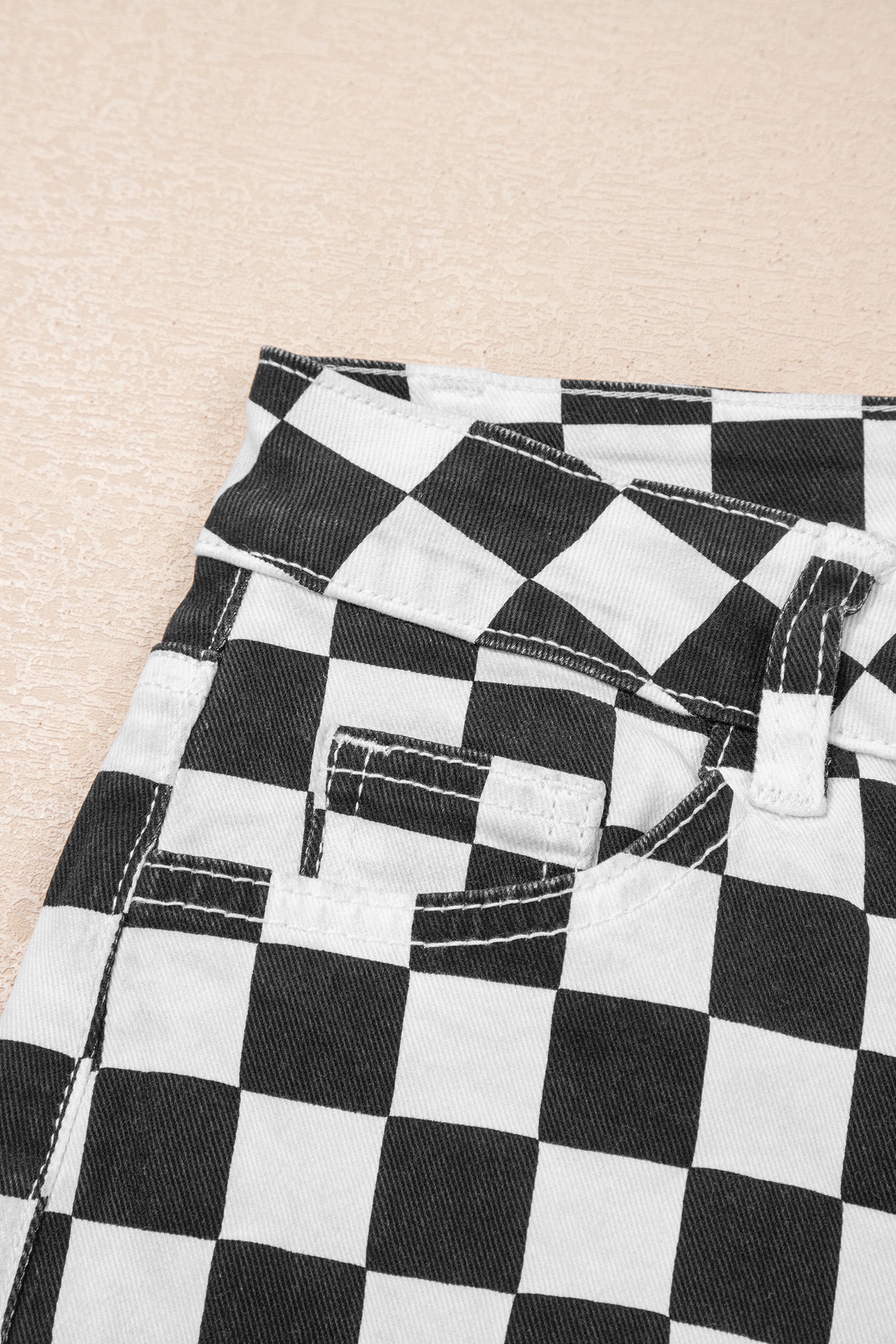 Black Checkerboard Print Distressed Holes Raw Edge Cropped Jeans-Bottoms/Jeans-[Adult]-[Female]-2022 Online Blue Zone Planet