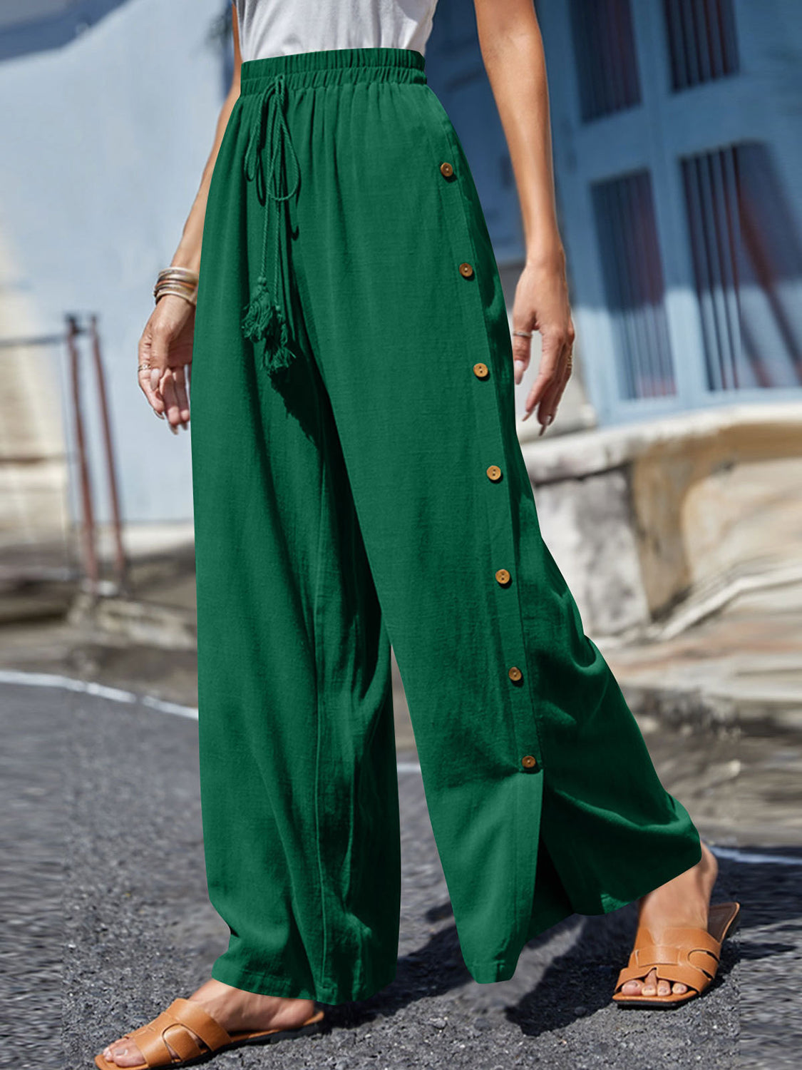 Blue Zone Planet | Full Size Tassel Wide Leg Pants-BOTTOMS SIZES SMALL MEDIUM LARGE-[Adult]-[Female]-Dark Green-S-2022 Online Blue Zone Planet