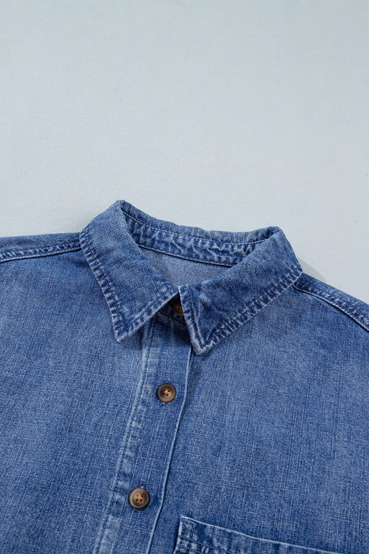 Dusk Blue Three Quarter Sleeve Button Front Loose Denim Shirt-Tops/Blouses & Shirts-[Adult]-[Female]-2022 Online Blue Zone Planet