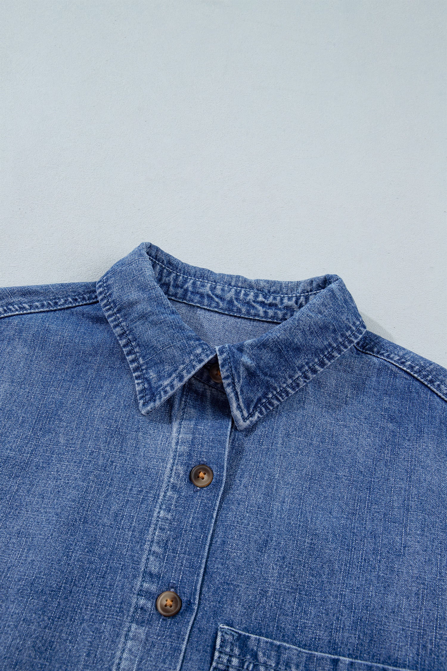 Dusk Blue Three Quarter Sleeve Button Front Loose Denim Shirt-Tops/Blouses & Shirts-[Adult]-[Female]-2022 Online Blue Zone Planet