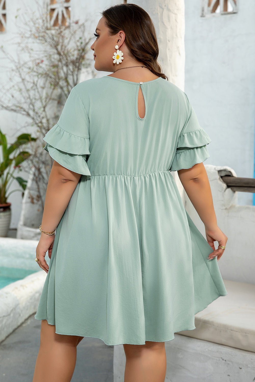 Grass Green Ruffle Trim Short Sleeve Plus Size Flared Mini Dress-TOPS / DRESSES-[Adult]-[Female]-2022 Online Blue Zone Planet