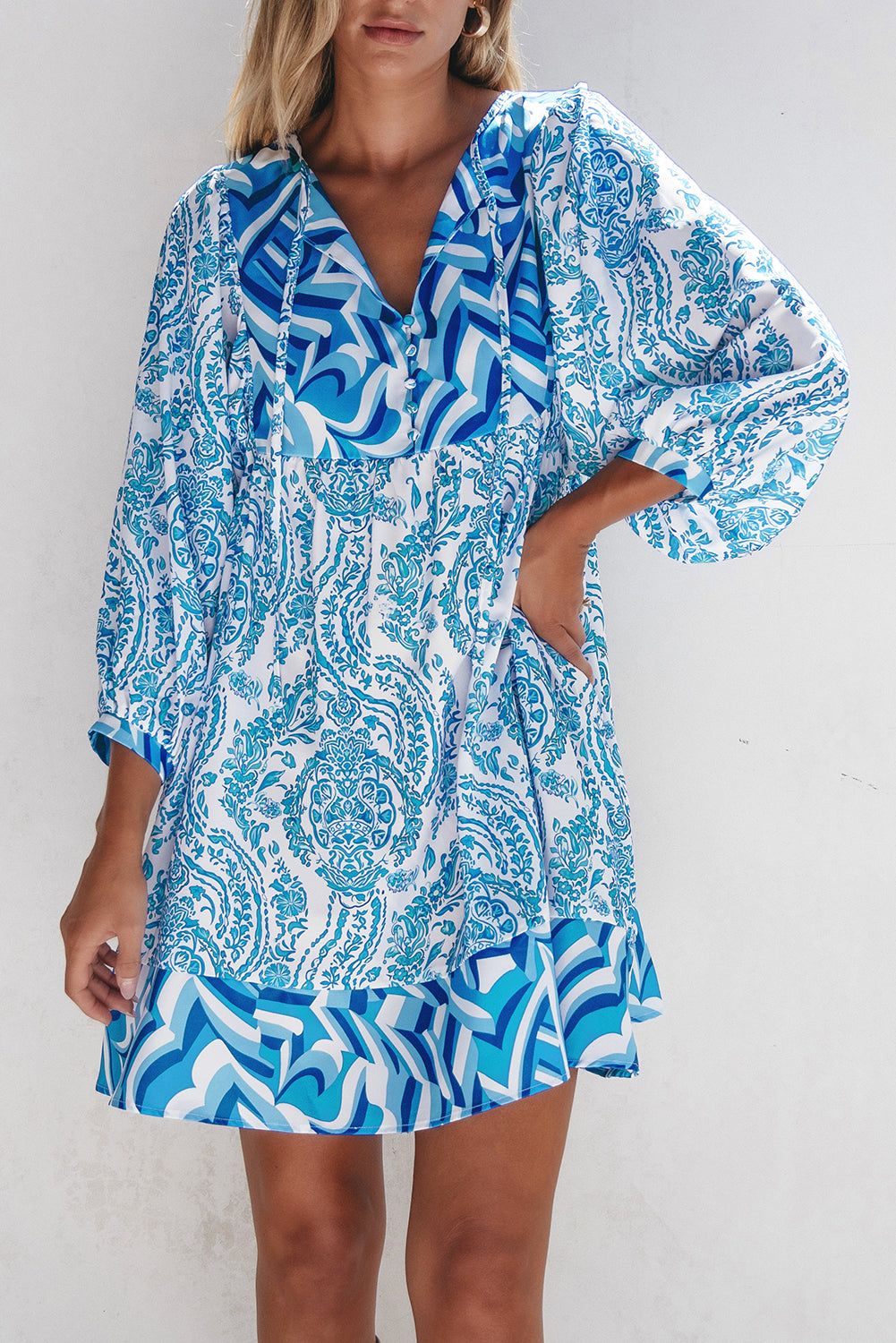 Sky Blue Bohemian Print Puff Sleeve Tied V Neck Flared Mini Dress-Dresses/Mini Dresses-[Adult]-[Female]-2022 Online Blue Zone Planet