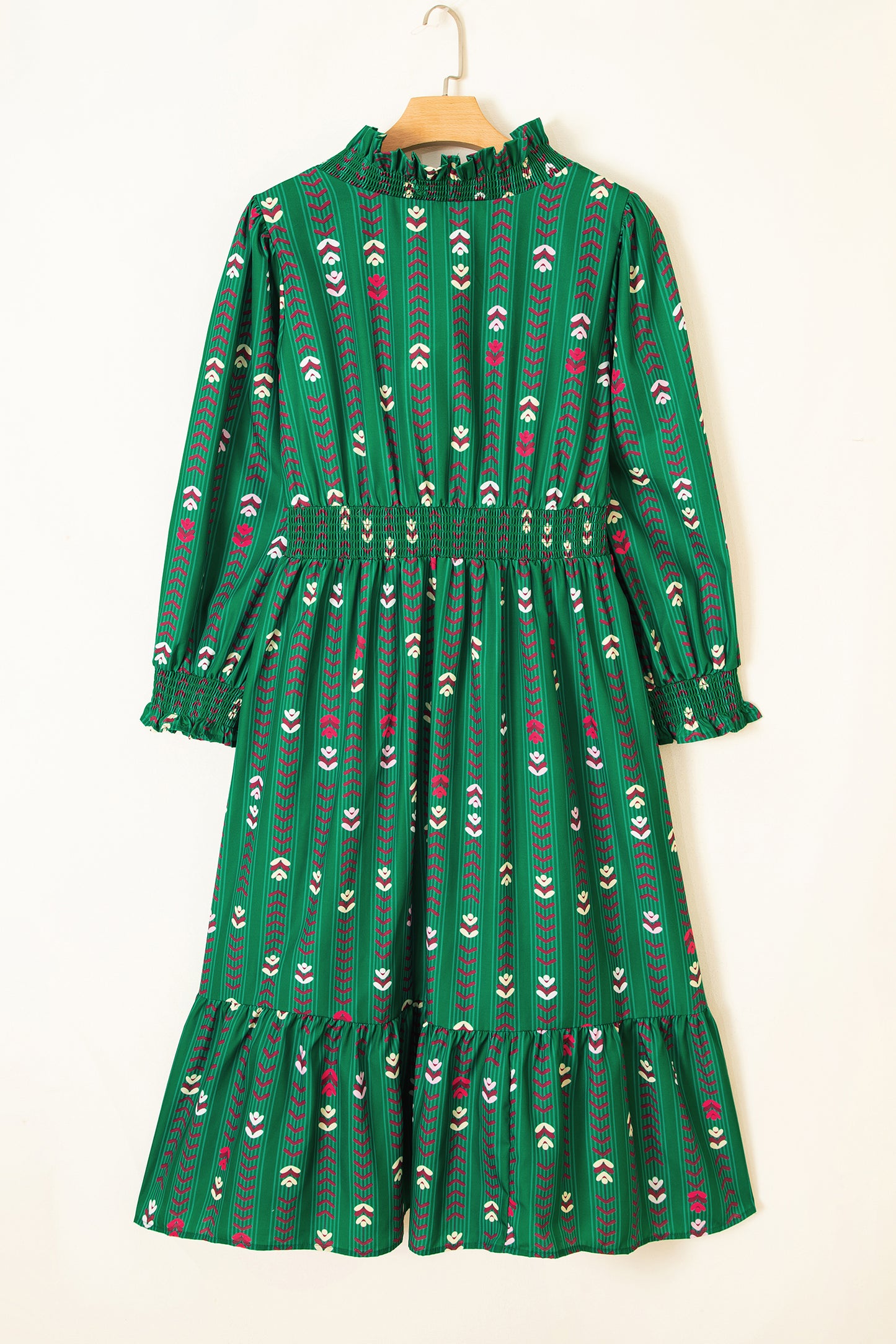 Green Floral Print V Neck Long Sleeve Shift Plus Size Dress-TOPS / DRESSES-[Adult]-[Female]-2022 Online Blue Zone Planet