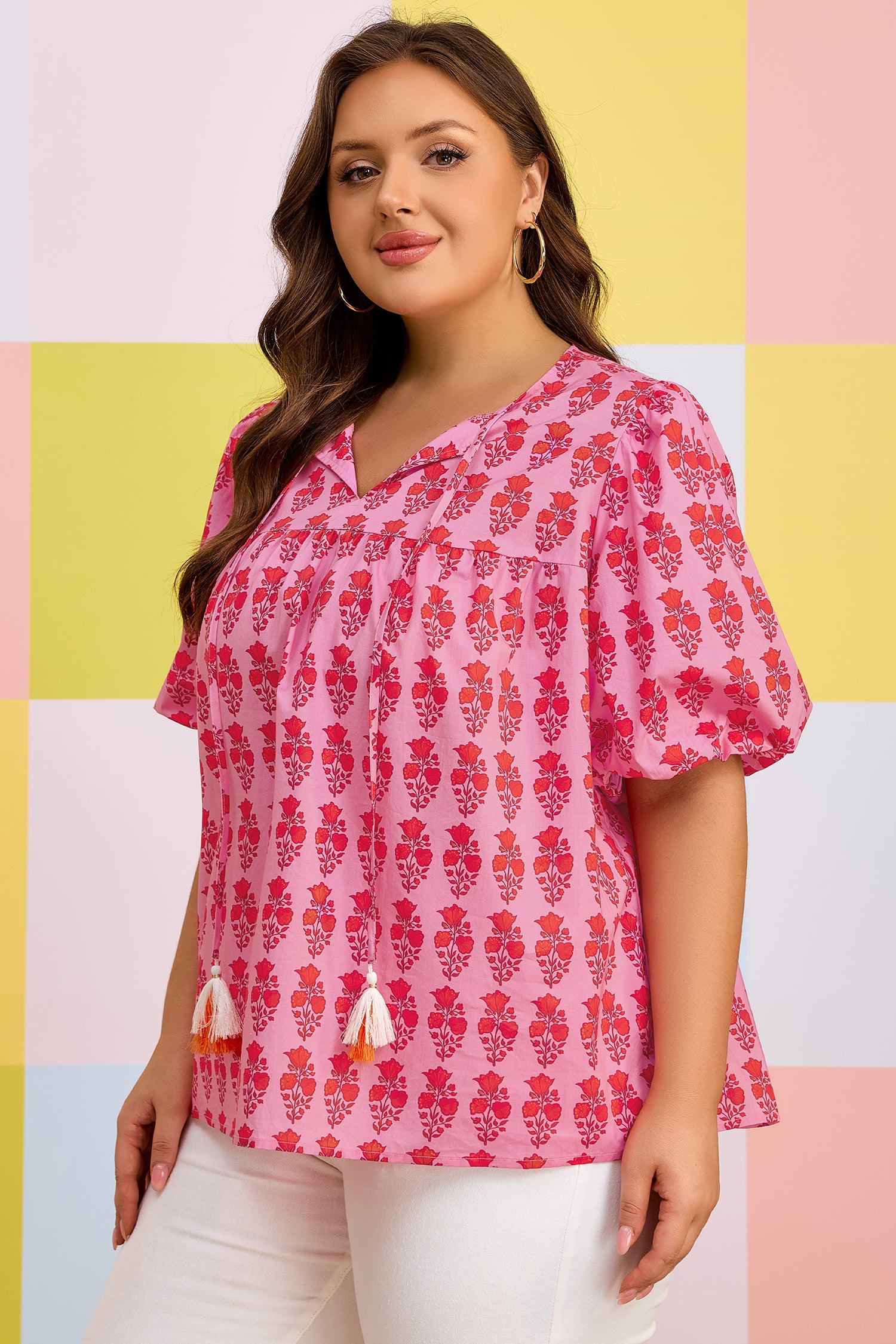 Pink Plus Size Floral Print Tassel Tie Puff Sleeve Cotton Blouse-Plus Size/Plus Size Tops/Plus Size Blouses & Shirts-[Adult]-[Female]-2022 Online Blue Zone Planet
