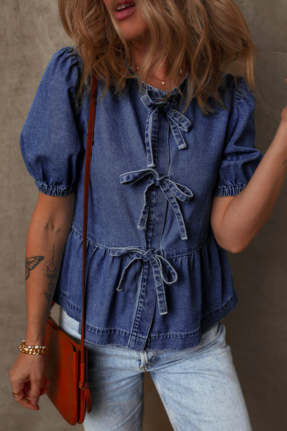 Sail Blue Tied Front Bubble Sleeve Peplum Denim Shirt-Tops/Blouses & Shirts-[Adult]-[Female]-2022 Online Blue Zone Planet