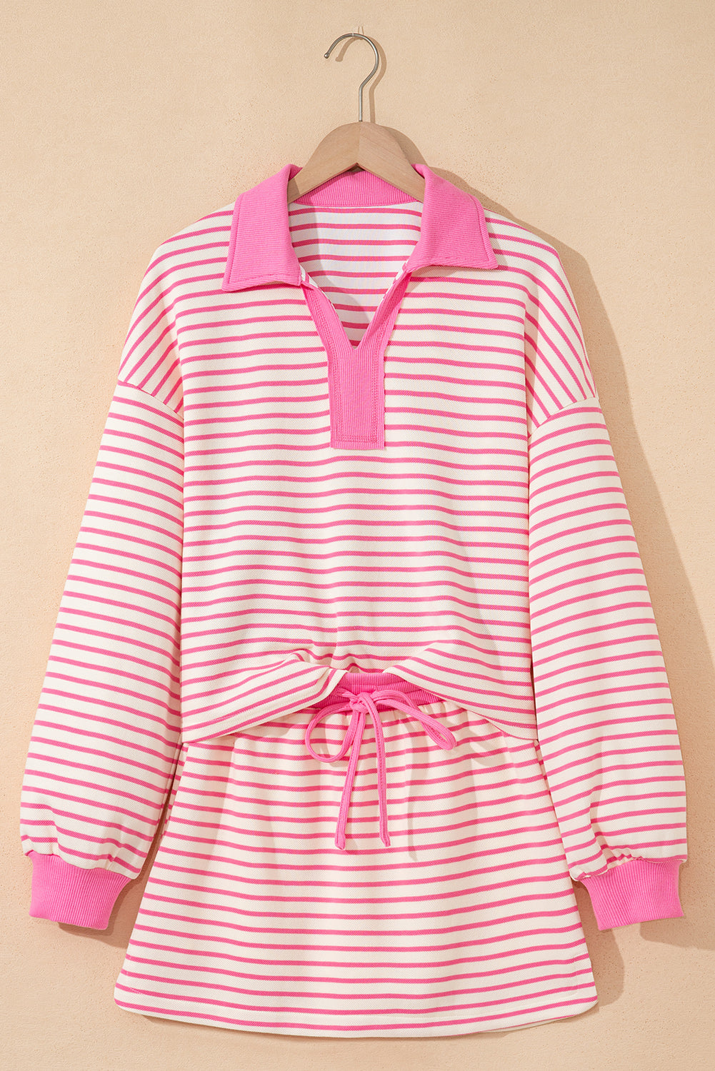 Pink Stripe Collared V Neck Drop Shoulder Pullover And Skort 2Pcs Outfit-Two Piece Sets/Two Piece Dresses-[Adult]-[Female]-2022 Online Blue Zone Planet