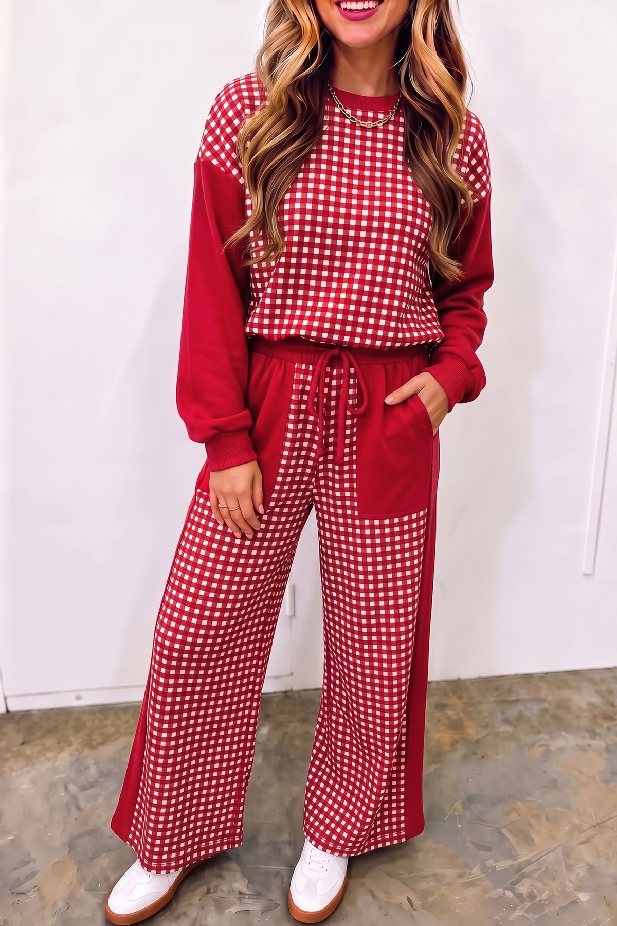 Khaki Color Block Plaid Patchwork Long Sleeve Pullover Wide Leg Pant Set-Two Piece Sets/Pant Sets-[Adult]-[Female]-Red-S-2022 Online Blue Zone Planet