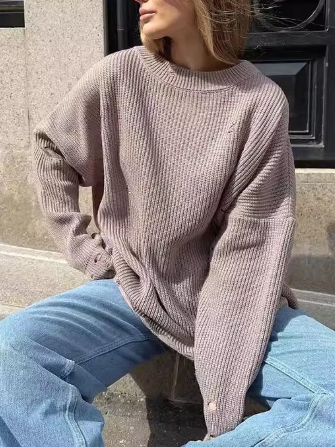 Blue Zone Planet | Distressed Round Neck Long Sleeve Sweater-TOPS / DRESSES-[Adult]-[Female]-Mocha-One Size-2022 Online Blue Zone Planet