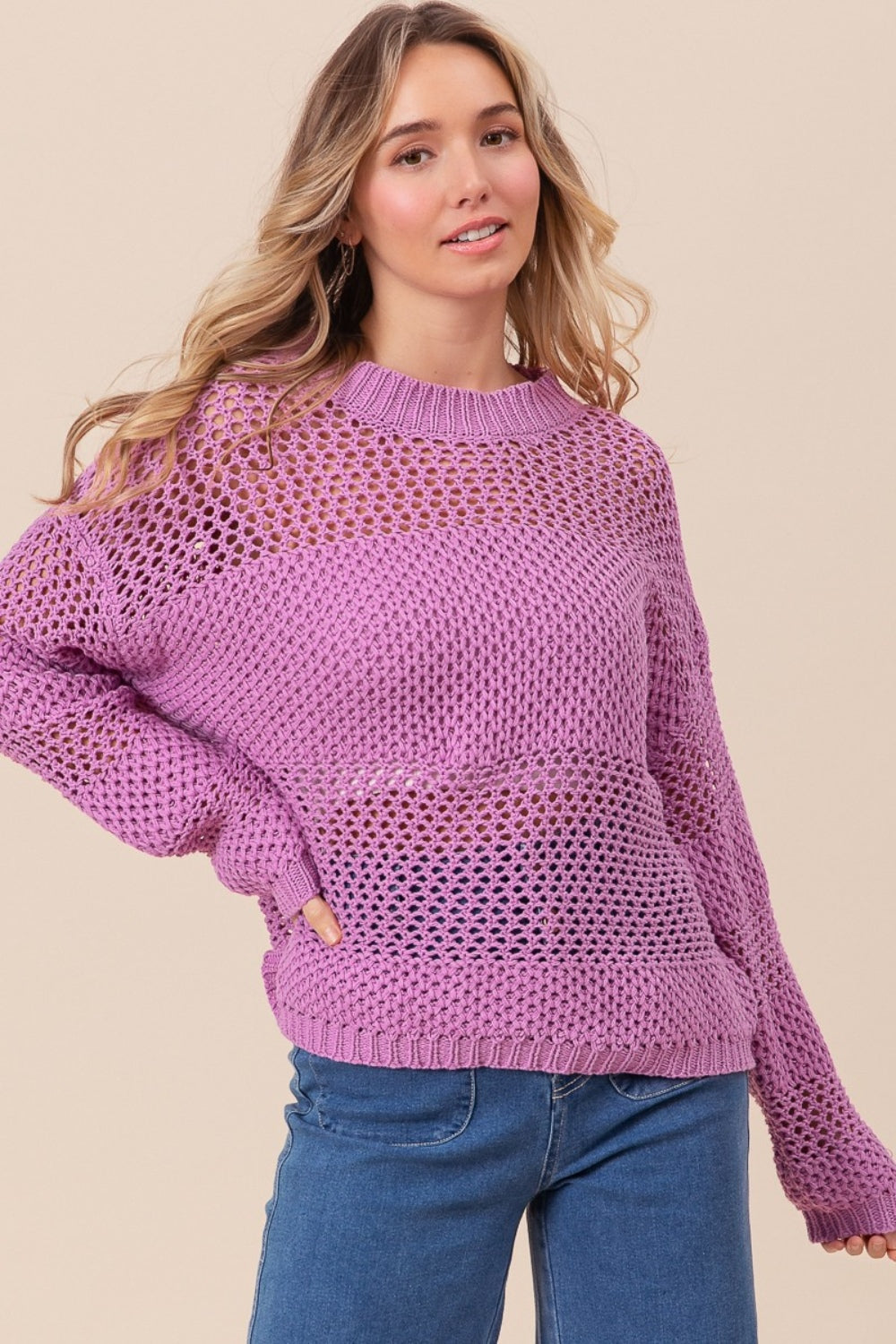 Blue Zone Planet | BiBi Openwork Long Sleeve Knit Top-TOPS / DRESSES-[Adult]-[Female]-2022 Online Blue Zone Planet