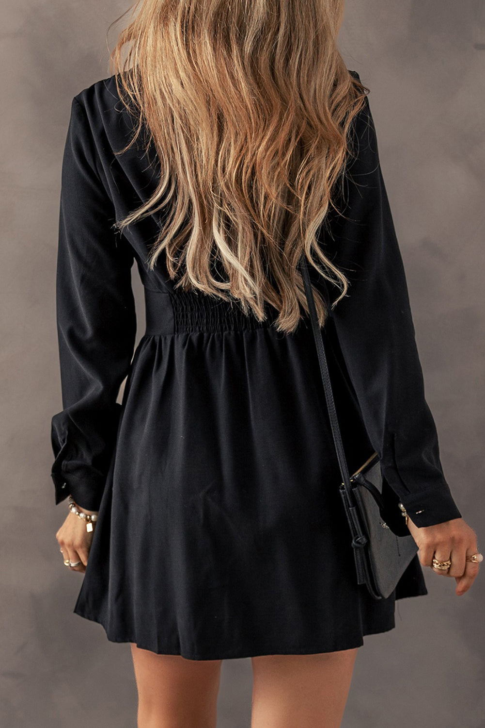 Blue Zone Planet | Black Elastic Cinched High Waist Long Sleeve Shirt Mini Dress-TOPS / DRESSES-[Adult]-[Female]-2022 Online Blue Zone Planet