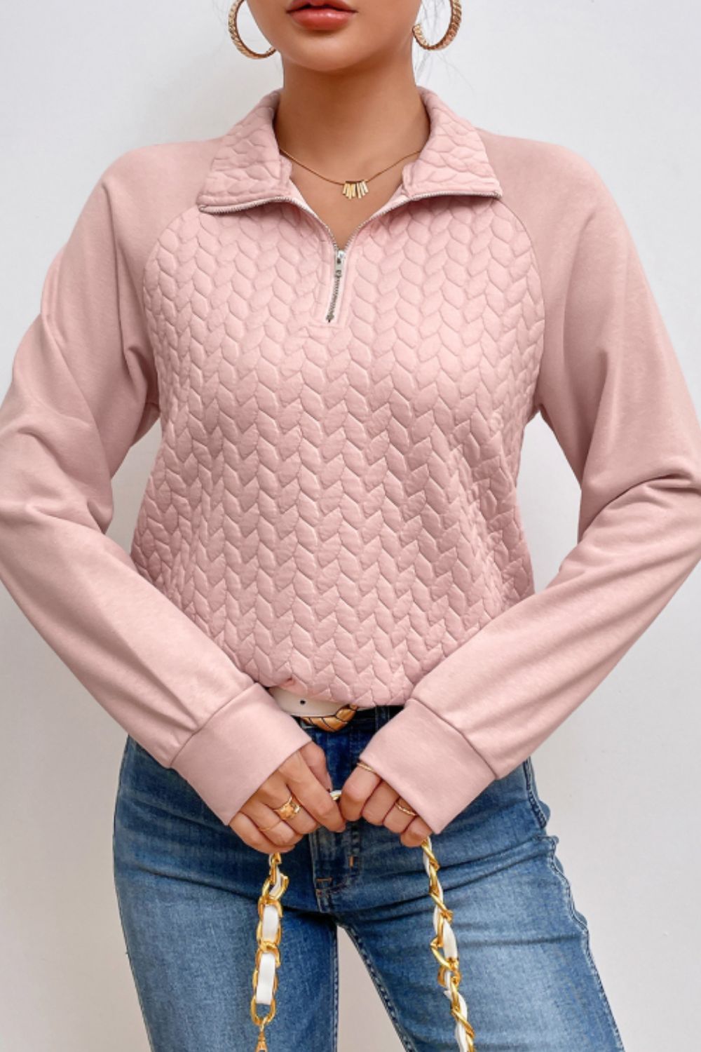 Textured Quarter Zip Long Sleeve Sweatshirt-TOPS / DRESSES-[Adult]-[Female]-2022 Online Blue Zone Planet