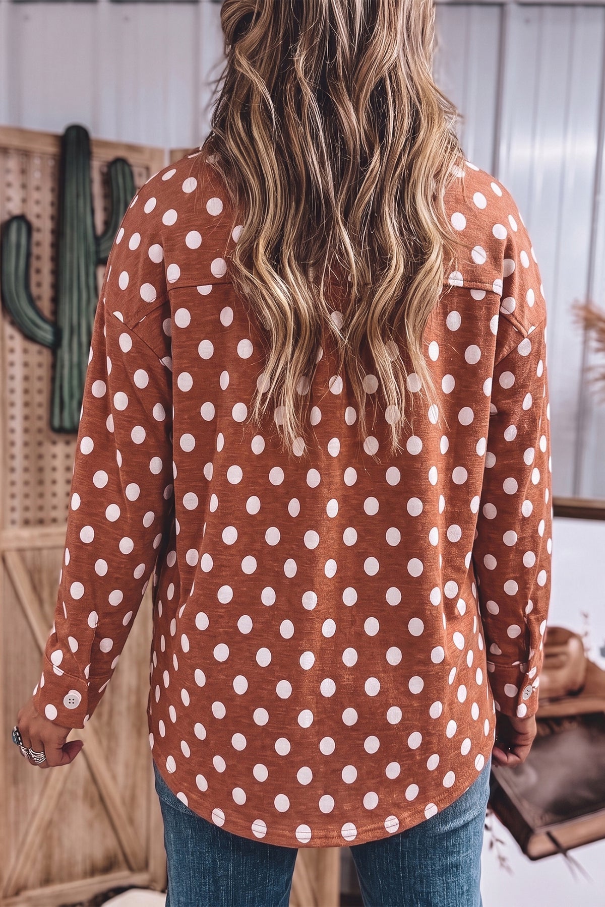 Brown Polka Dot Long Sleeve Collared Tunic Shirts-Tops/Blouses & Shirts-[Adult]-[Female]-2022 Online Blue Zone Planet