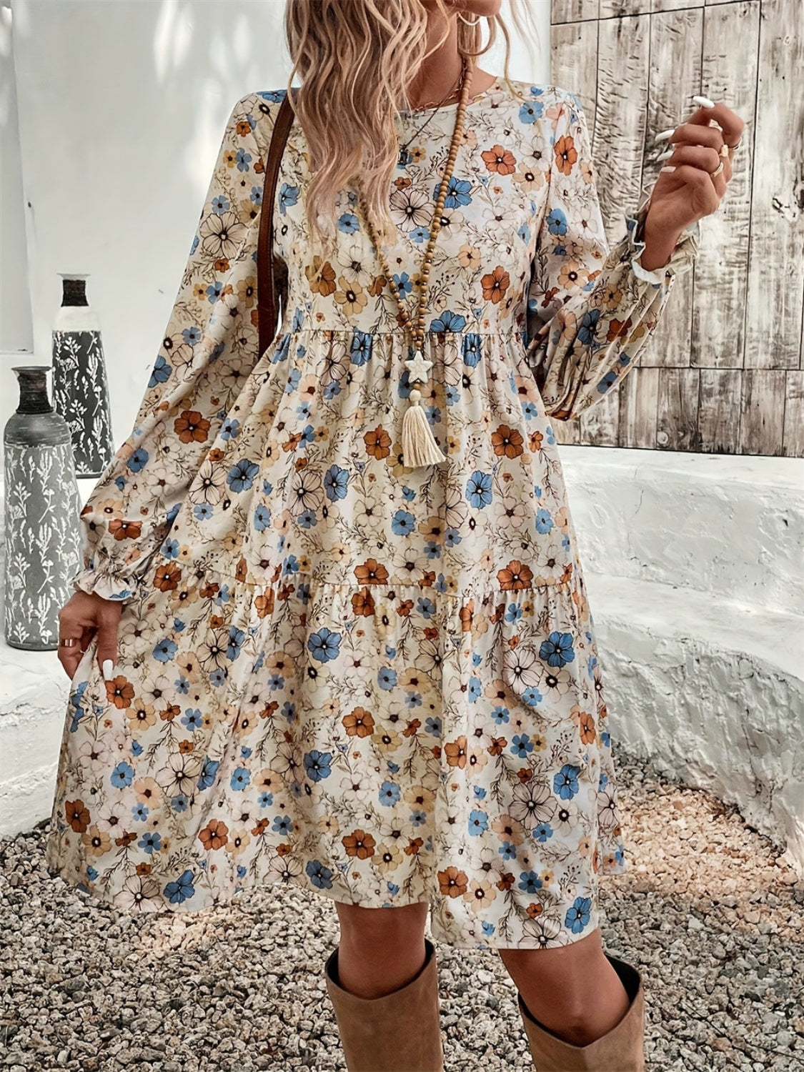 Blue Zone Planet | Ruffled Printed Round Neck Long Sleeve Dress-TOPS / DRESSES-[Adult]-[Female]-2022 Online Blue Zone Planet