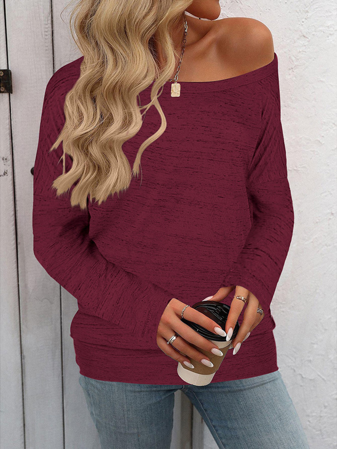 Full Size Heathered Long Sleeve Top-TOPS / DRESSES-[Adult]-[Female]-Burgundy-S-2022 Online Blue Zone Planet