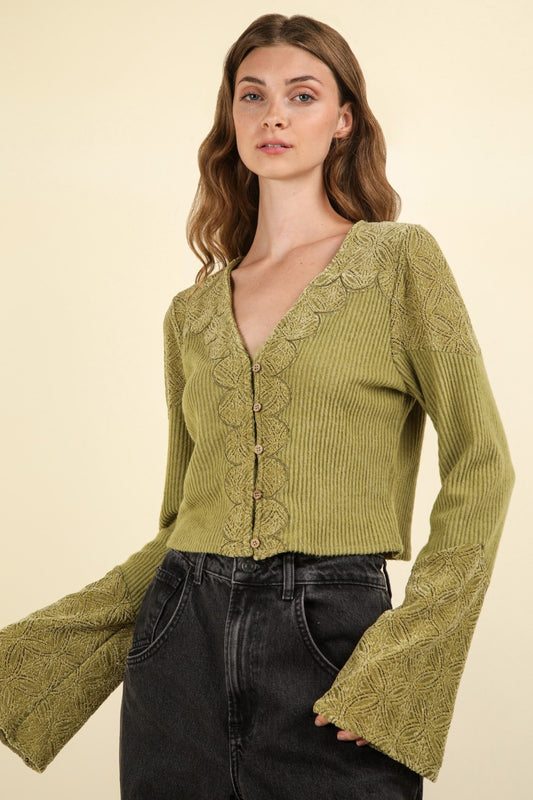 VERY J V-Neck Lace Detail Button Down Crop Ribbed Knit Top-TOPS / DRESSES-[Adult]-[Female]-Olive-S-2022 Online Blue Zone Planet