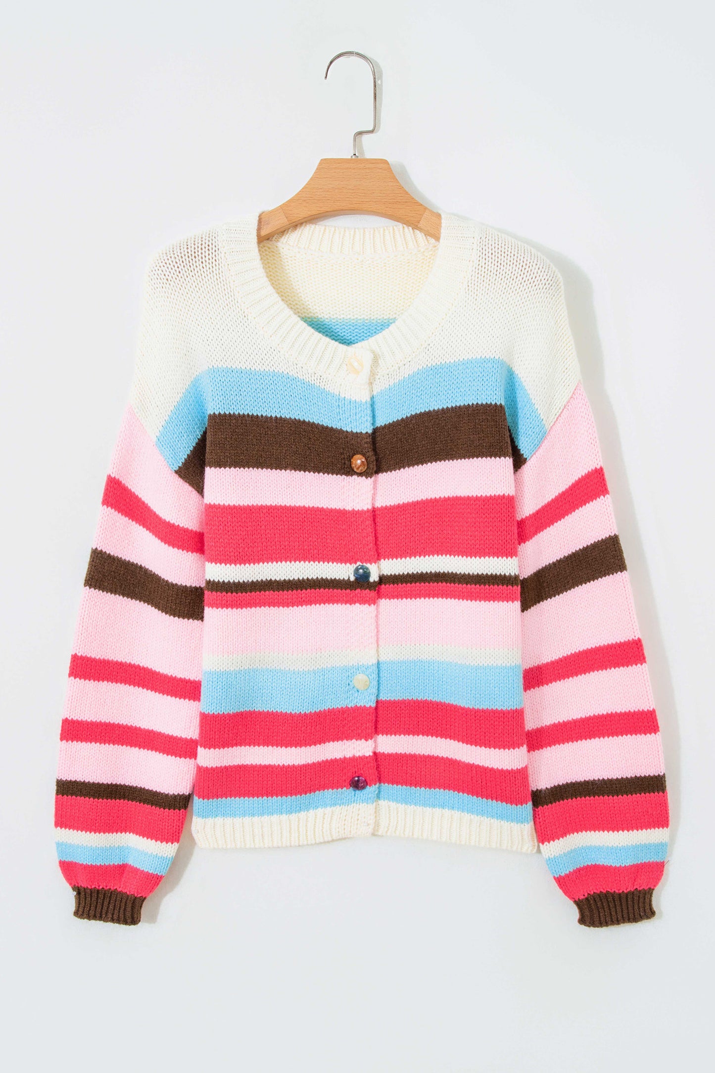 Pink Stripe Striped Colorblock Drop Shoulder Cardigan-Sweaters & Cardigans/Cardigans-[Adult]-[Female]-2022 Online Blue Zone Planet