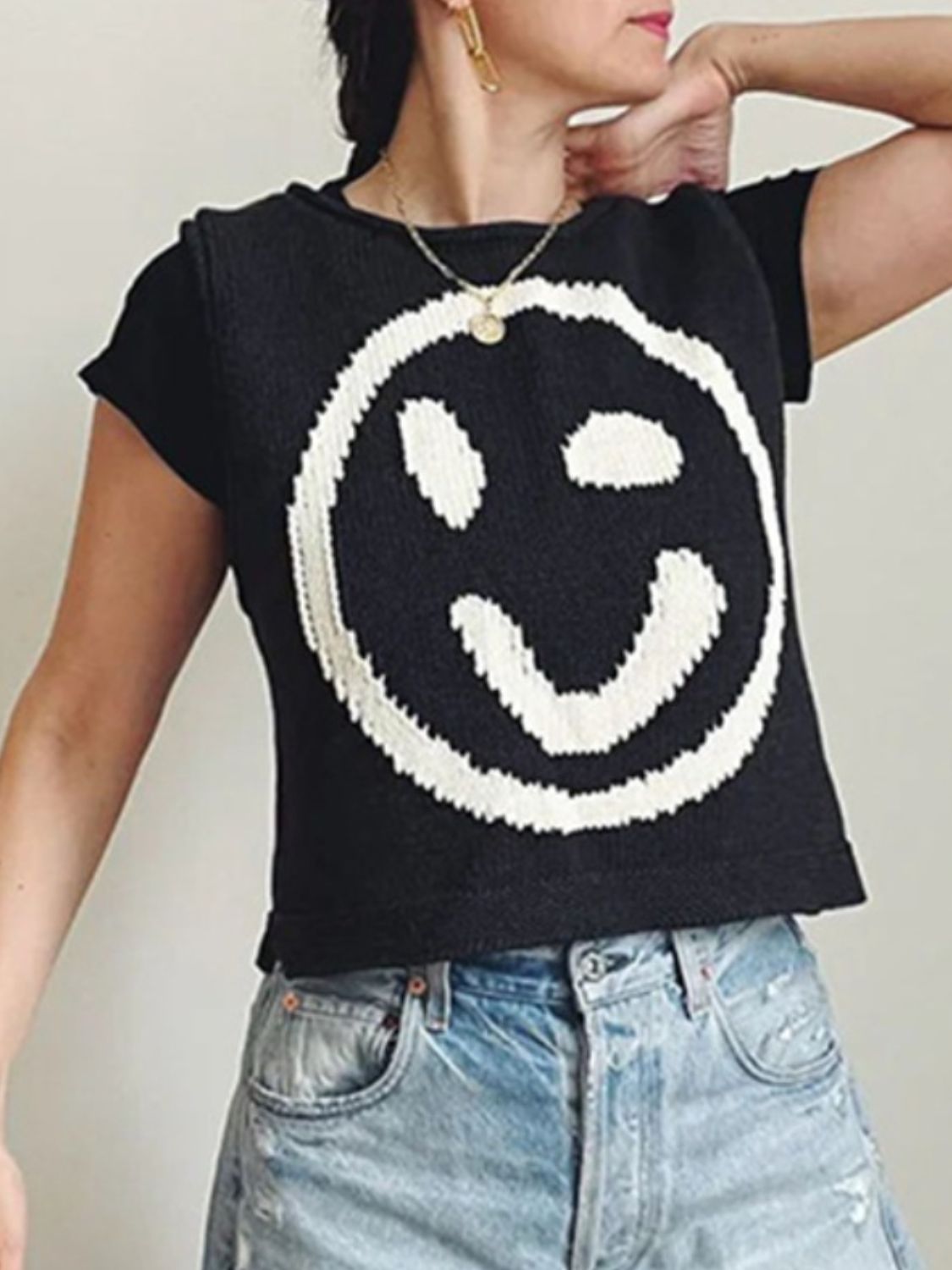 Smiley Round Neck Sweater Vest-TOPS / DRESSES-[Adult]-[Female]-2022 Online Blue Zone Planet