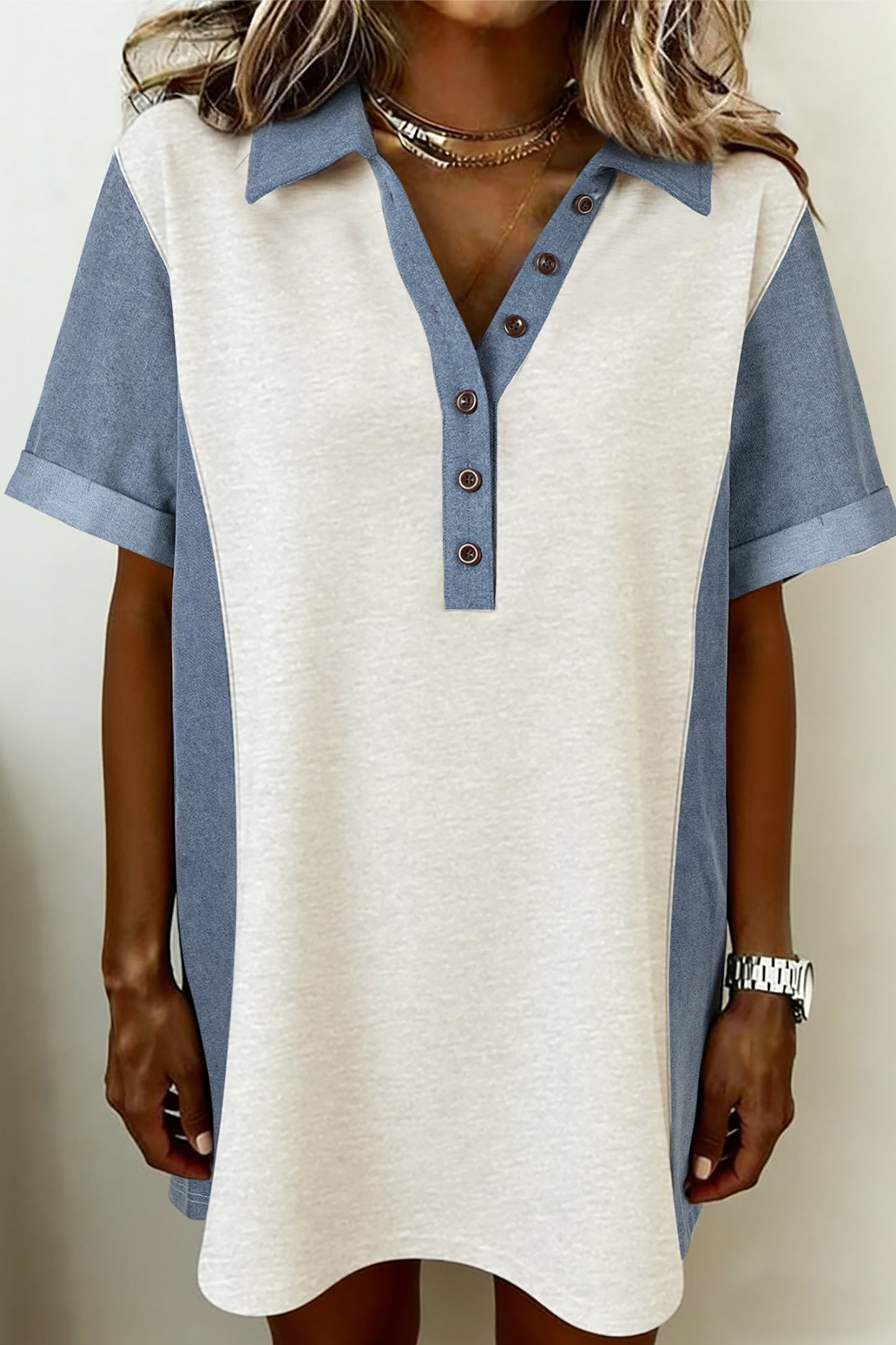 Light Grey Denim Color Block Patchwork Button Polo Collar T Shirt Tunic Dress-Dresses/T Shirt Dresses-[Adult]-[Female]-Light Grey-S-2022 Online Blue Zone Planet