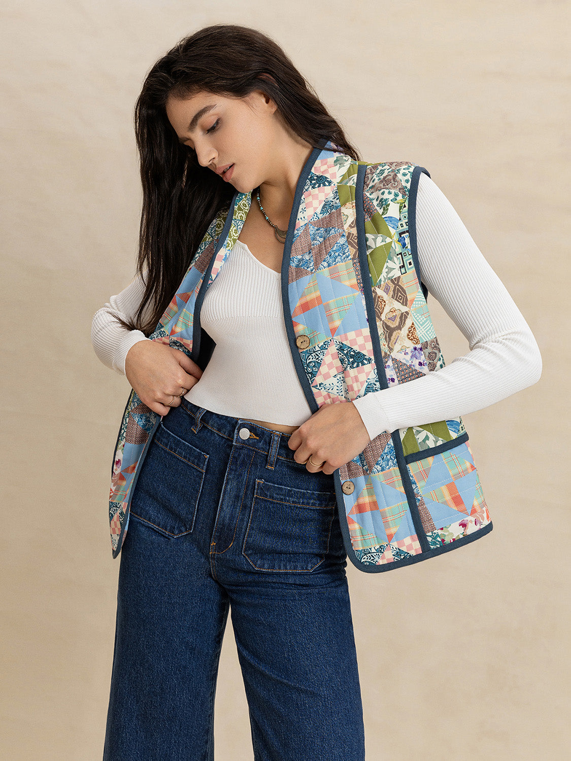 Printed Patchwork Contrast Piping Vest-TOPS / DRESSES-[Adult]-[Female]-2022 Online Blue Zone Planet