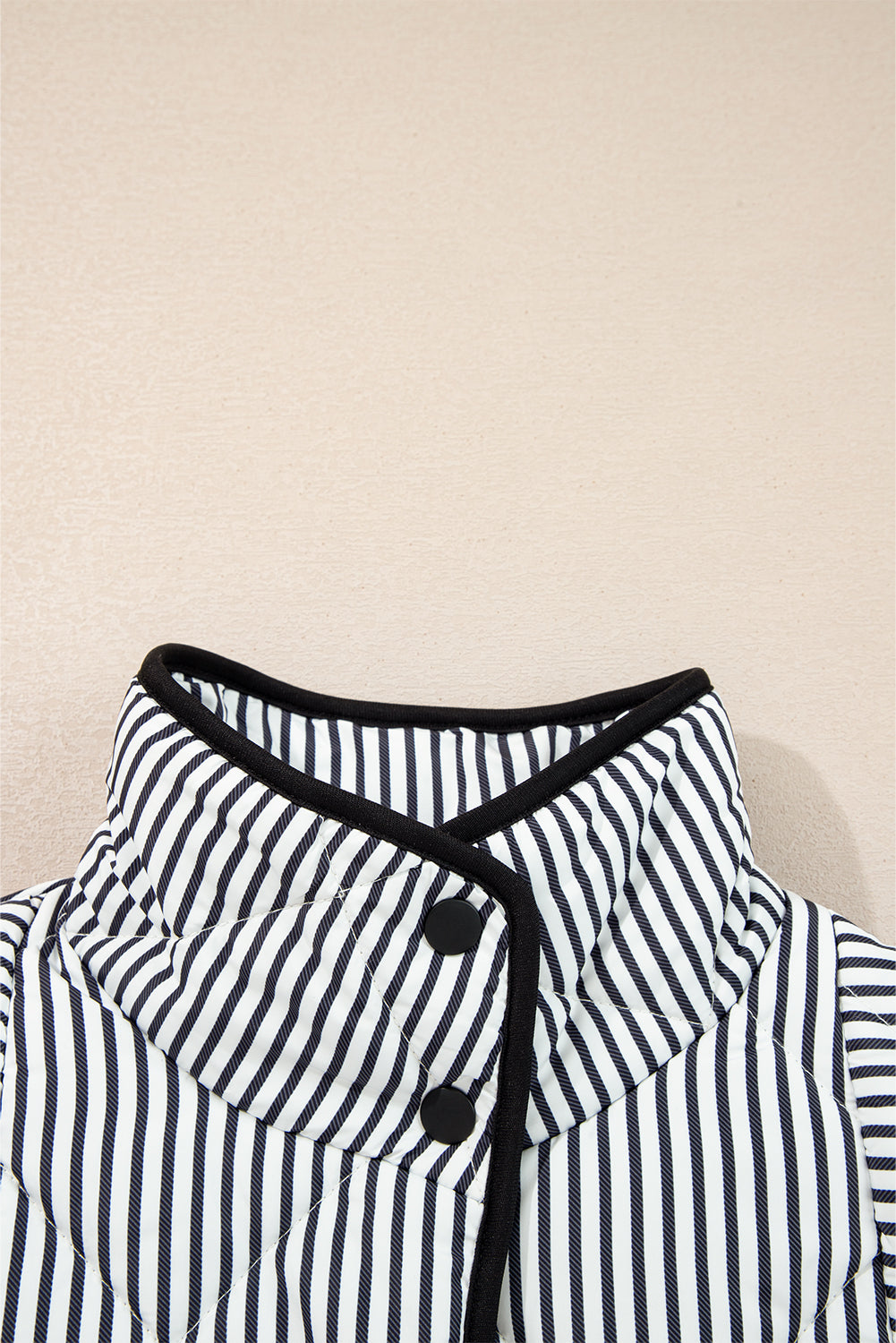Black Stripe Contrast Trim Snap Button Collared Winter Vest-Outerwear/Vests-[Adult]-[Female]-2022 Online Blue Zone Planet