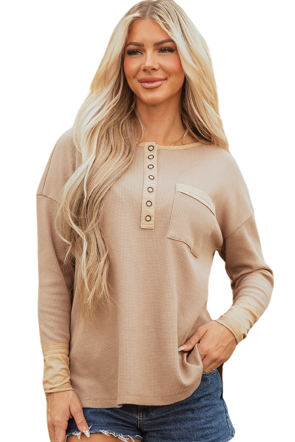 Dark Khaki Color Block Waffle Textured Tunic Henley Top With Slits-Tops/Long Sleeve Tops-[Adult]-[Female]-2022 Online Blue Zone Planet