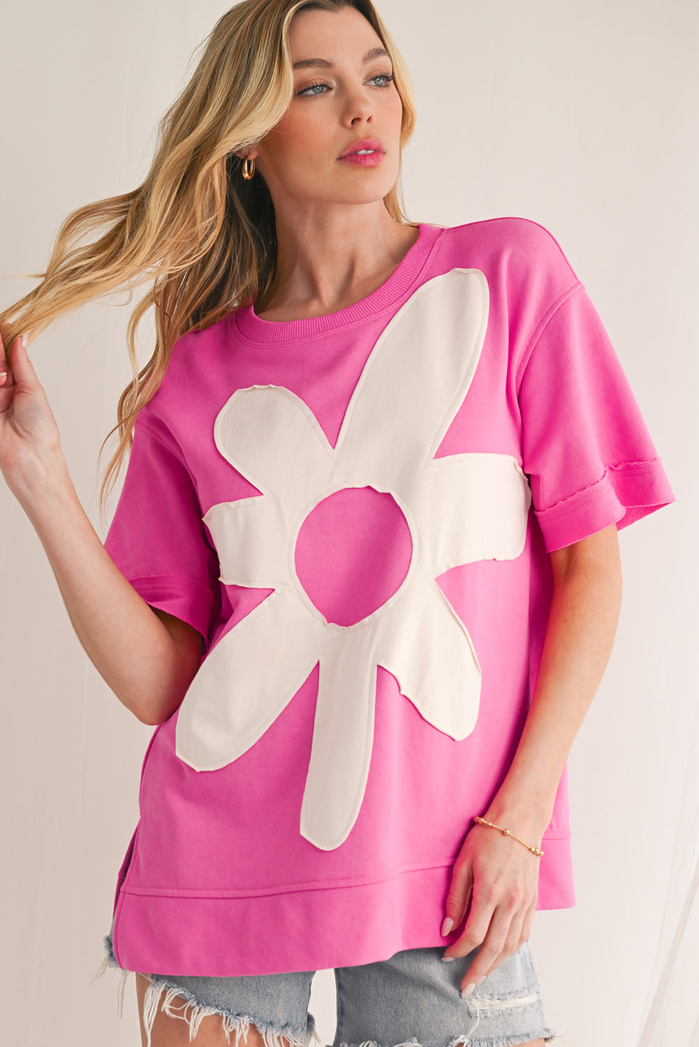 Sachet Pink 60s Flower Applique Slits T-Shirt-T Shirts-[Adult]-[Female]-2022 Online Blue Zone Planet