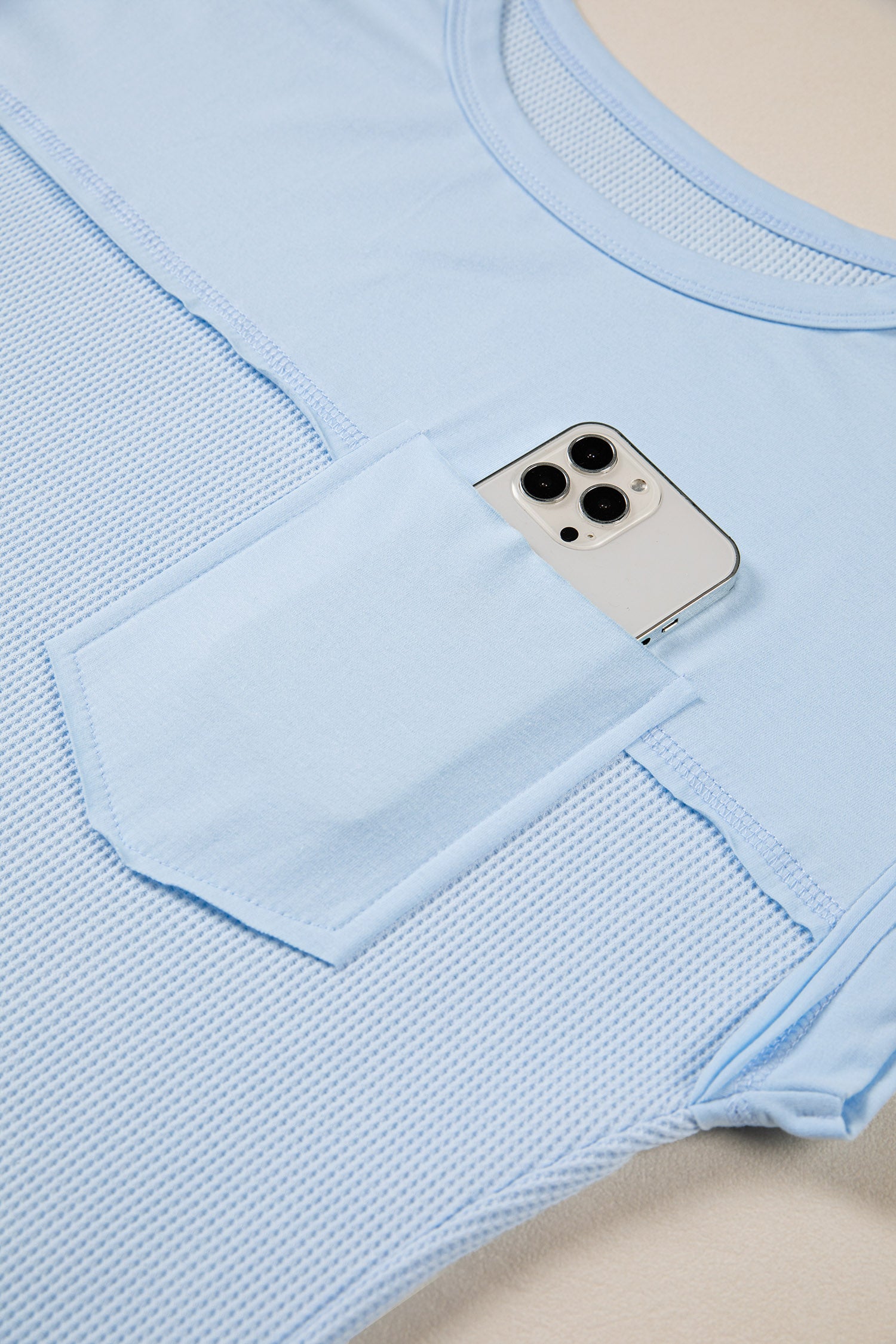 Pink Solid Color Raw Seam Waffled Patchwork Casual T Shirt-Tops/Tops & Tees-[Adult]-[Female]-2022 Online Blue Zone Planet