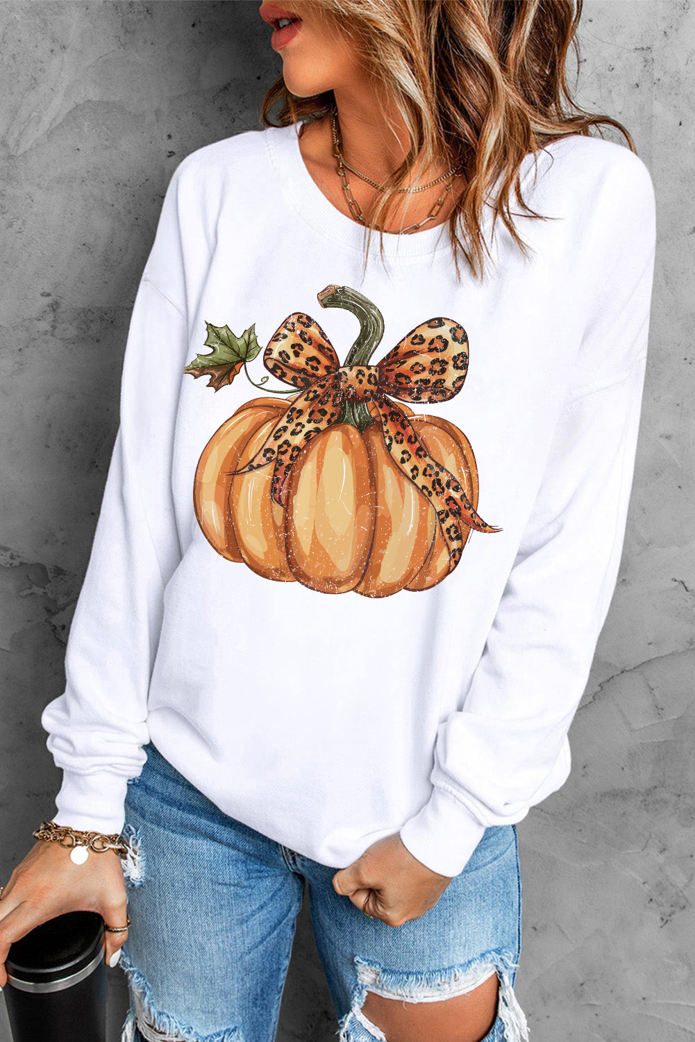 Beige Leopard Bowknot Pumpkin Graphic Crewneck Sweatshirt-Graphic/Graphic Sweatshirts-[Adult]-[Female]-2022 Online Blue Zone Planet