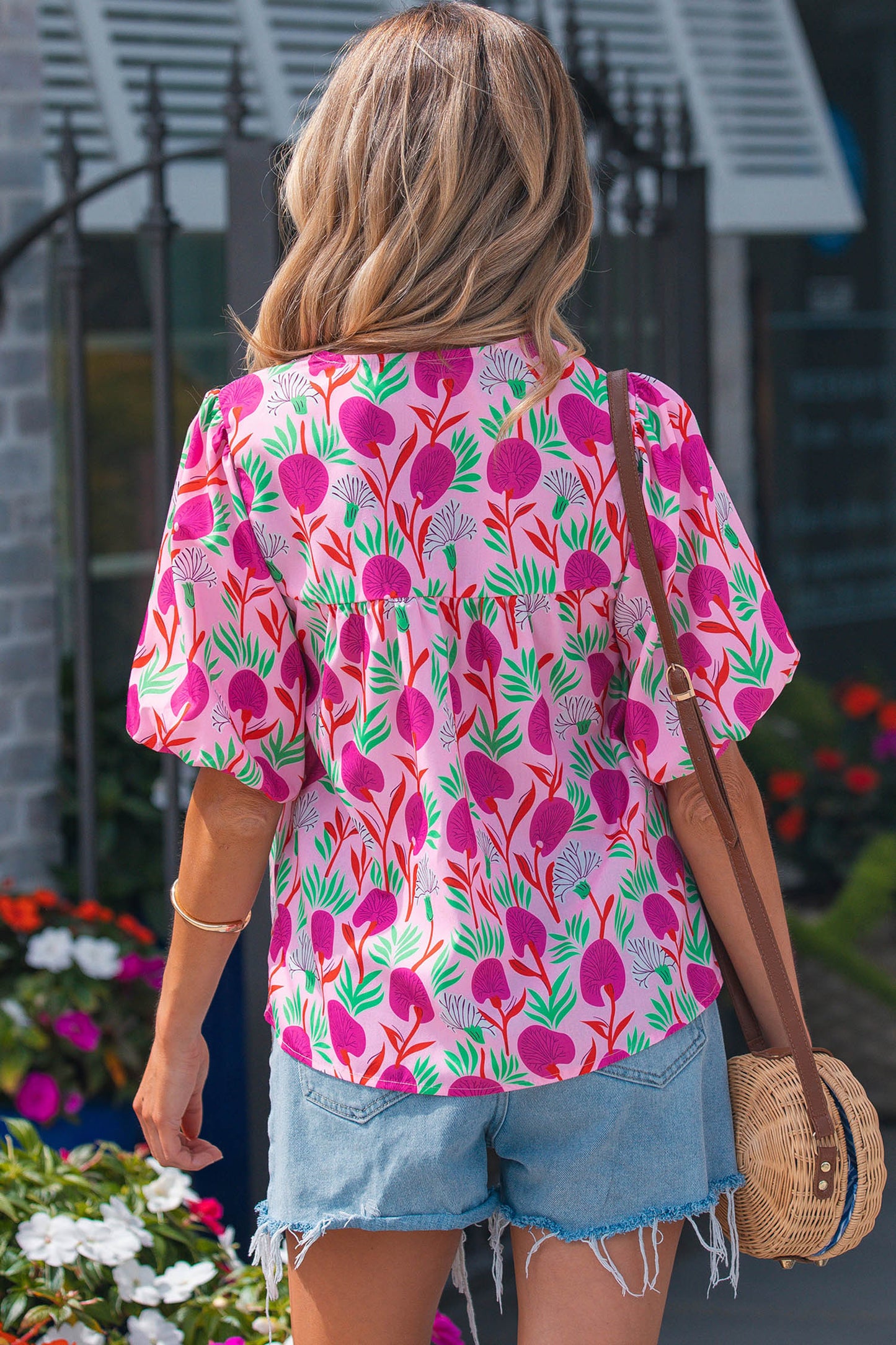 Pink Floral Print Short Sleeve Contrast Patchwork Tassel Tie Blouse-Tops/Blouses & Shirts-[Adult]-[Female]-2022 Online Blue Zone Planet