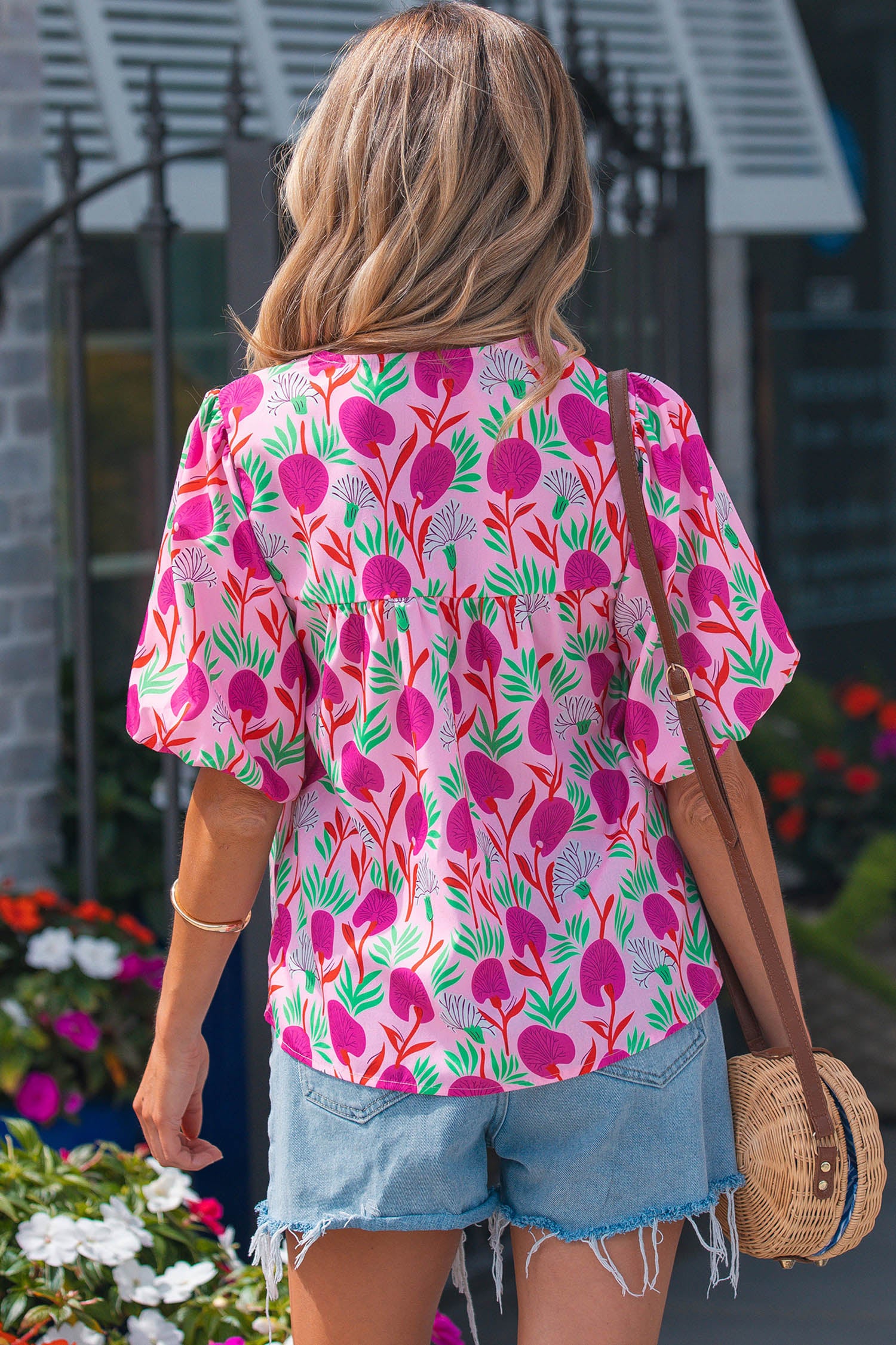 Pink Floral Print Short Sleeve Contrast Patchwork Tassel Tie Blouse-Tops/Blouses & Shirts-[Adult]-[Female]-2022 Online Blue Zone Planet