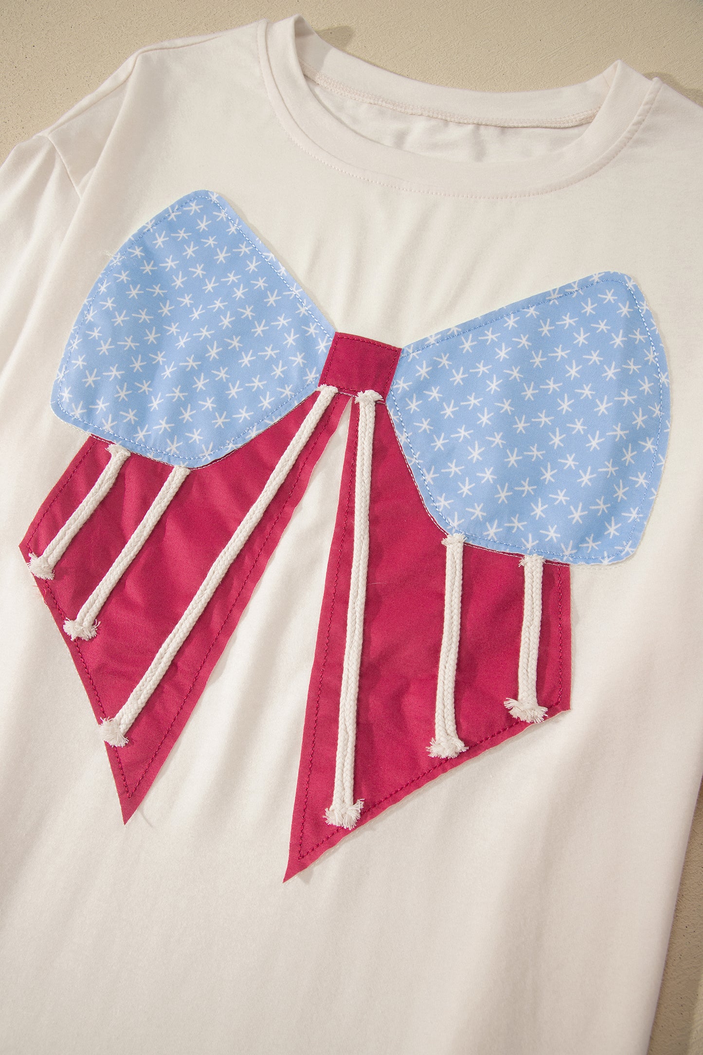 White Loose Knit Vintage Flag Bow Patched T Shirt-Tops/Tops & Tees-[Adult]-[Female]-2022 Online Blue Zone Planet