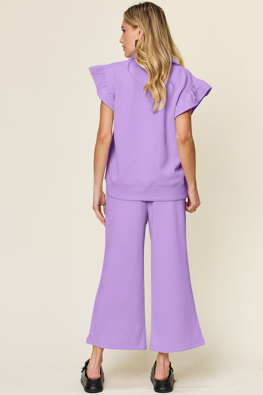 Blue Zone Planet | Double Take Texture Ruffle Short Sleeve Top and Drawstring Wide Leg Pants Set-TOPS / DRESSES-[Adult]-[Female]-2022 Online Blue Zone Planet