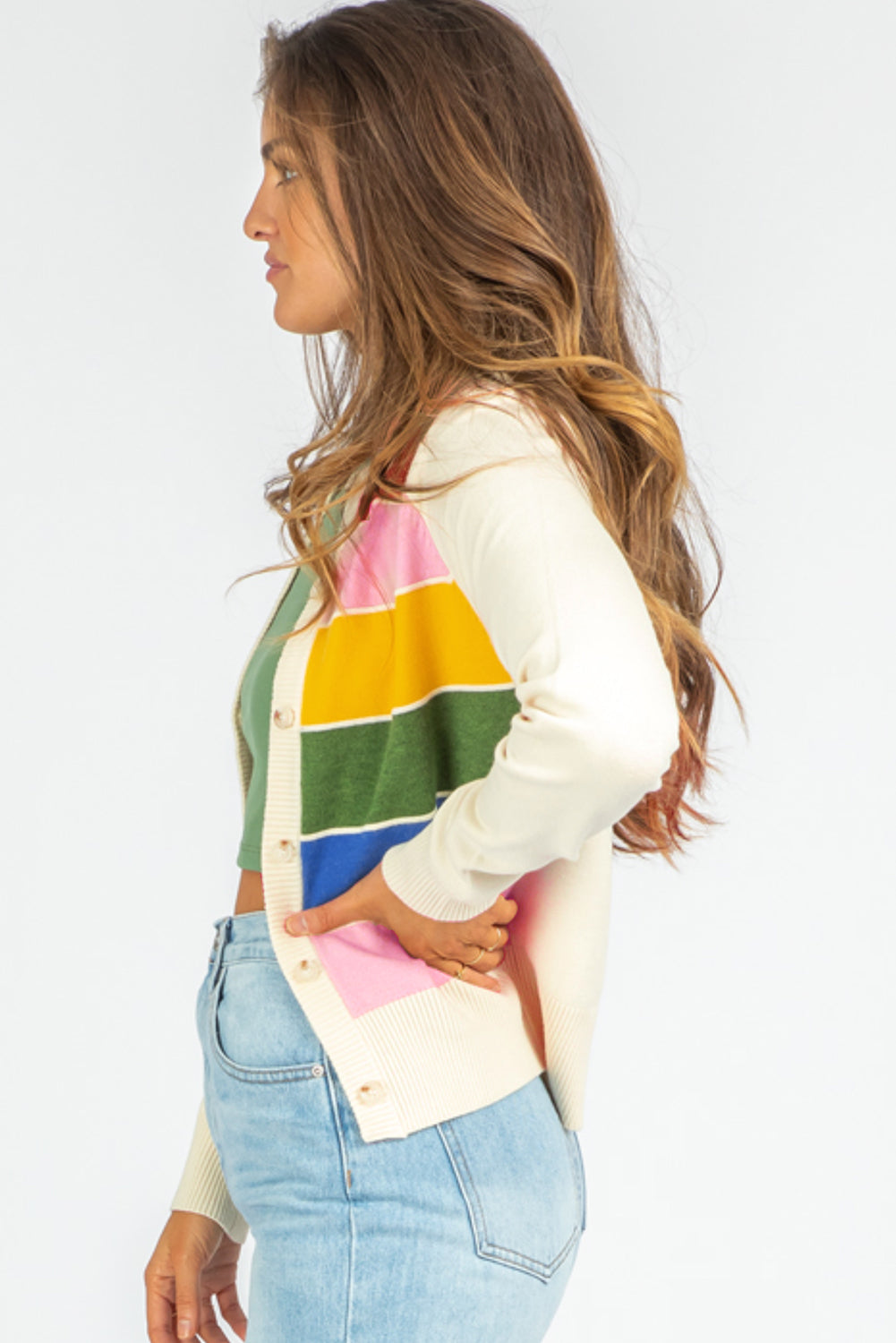 Blue Zone Planet | White Stripe Colorful Pattern Button Front Sweater Cardigan-Sweaters & Cardigans/Cardigans-[Adult]-[Female]-2022 Online Blue Zone Planet