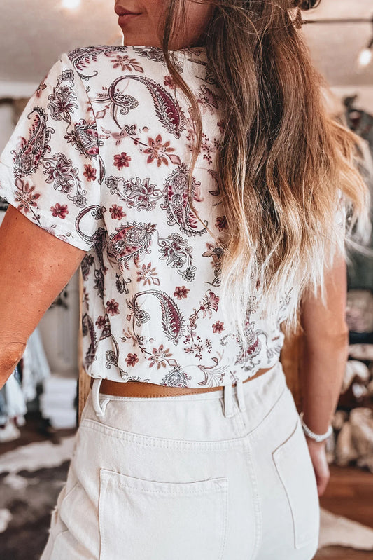 White Vintage Paisley Mock Neck T Shirt-Tops/Tops & Tees-[Adult]-[Female]-2022 Online Blue Zone Planet