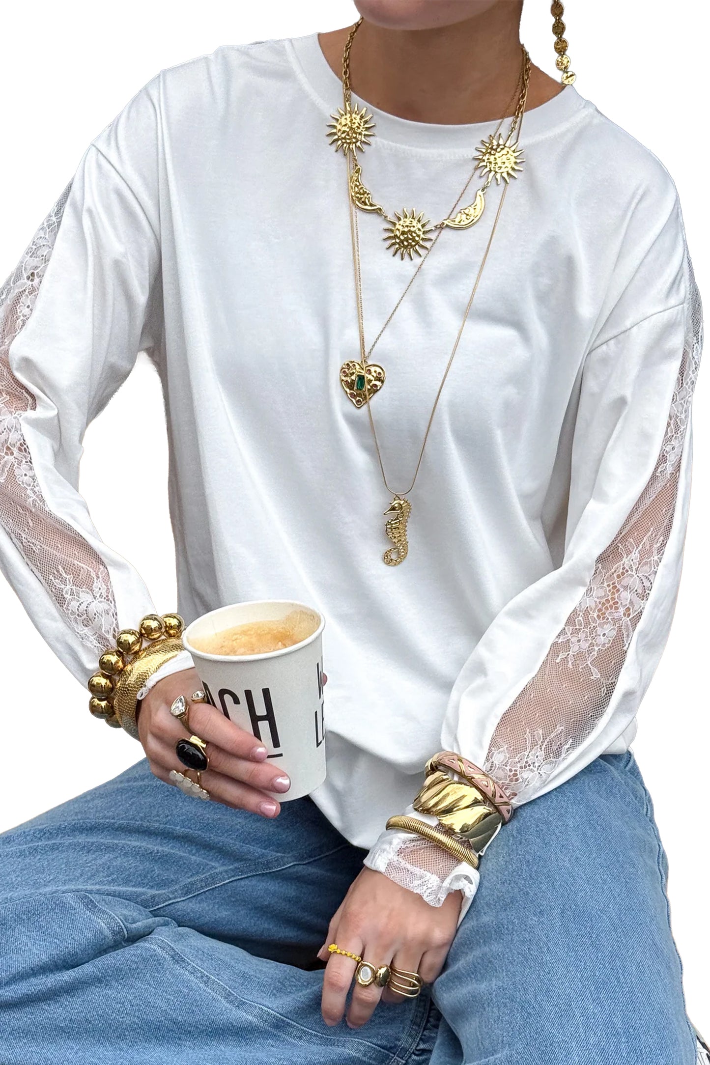 White Sheer Lace Splicing Long Sleeve Shift Top-Tops/Long Sleeve Tops-[Adult]-[Female]-2022 Online Blue Zone Planet
