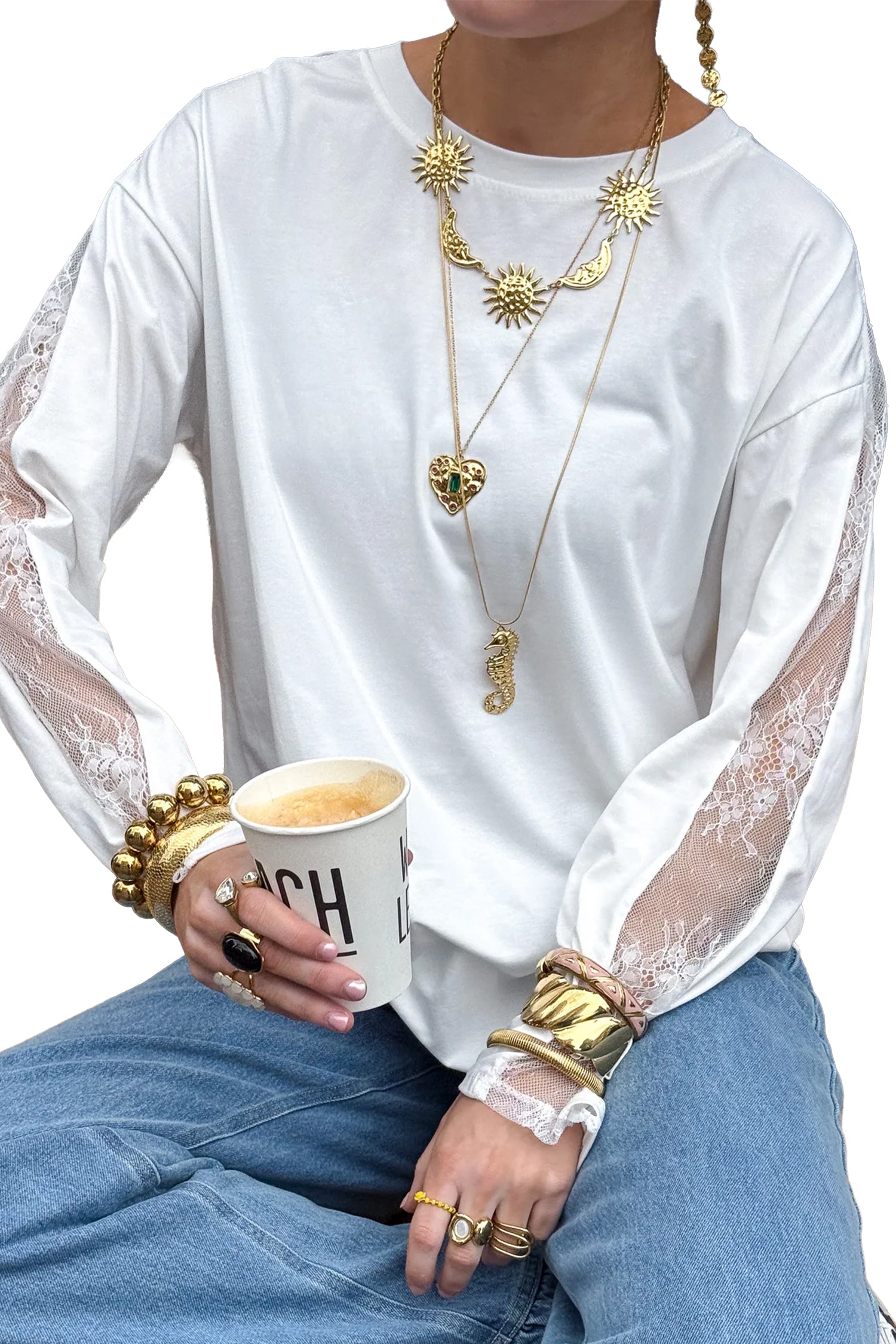 White Sheer Lace Splicing Long Sleeve Shift Top-Tops/Long Sleeve Tops-[Adult]-[Female]-2022 Online Blue Zone Planet