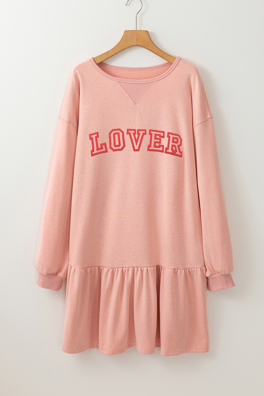 Dusty Pink LOVER Letter Long Sleeve Ruffle Hem Dress-Graphic Apparel-[Adult]-[Female]-2022 Online Blue Zone Planet